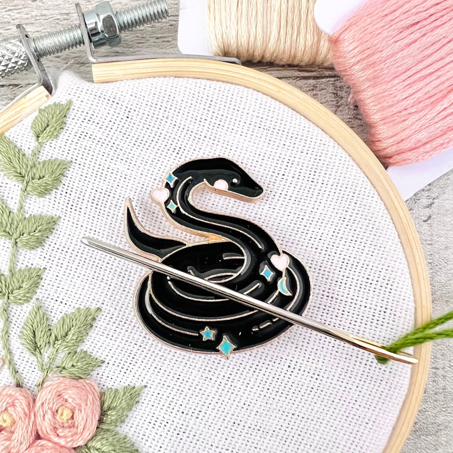 Black Snake Needle Minder Needle Threader Magnetic - The Desert Stream Stitch