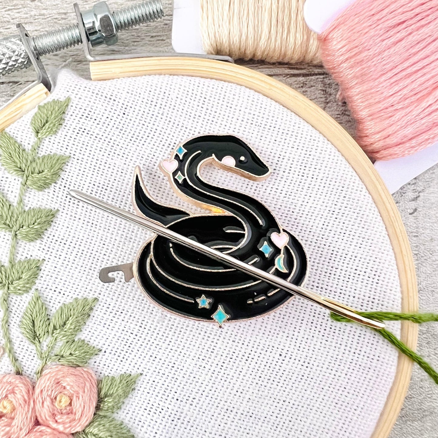 Black Snake Needle Minder Needle Threader Magnetic - The Desert Stream Stitch