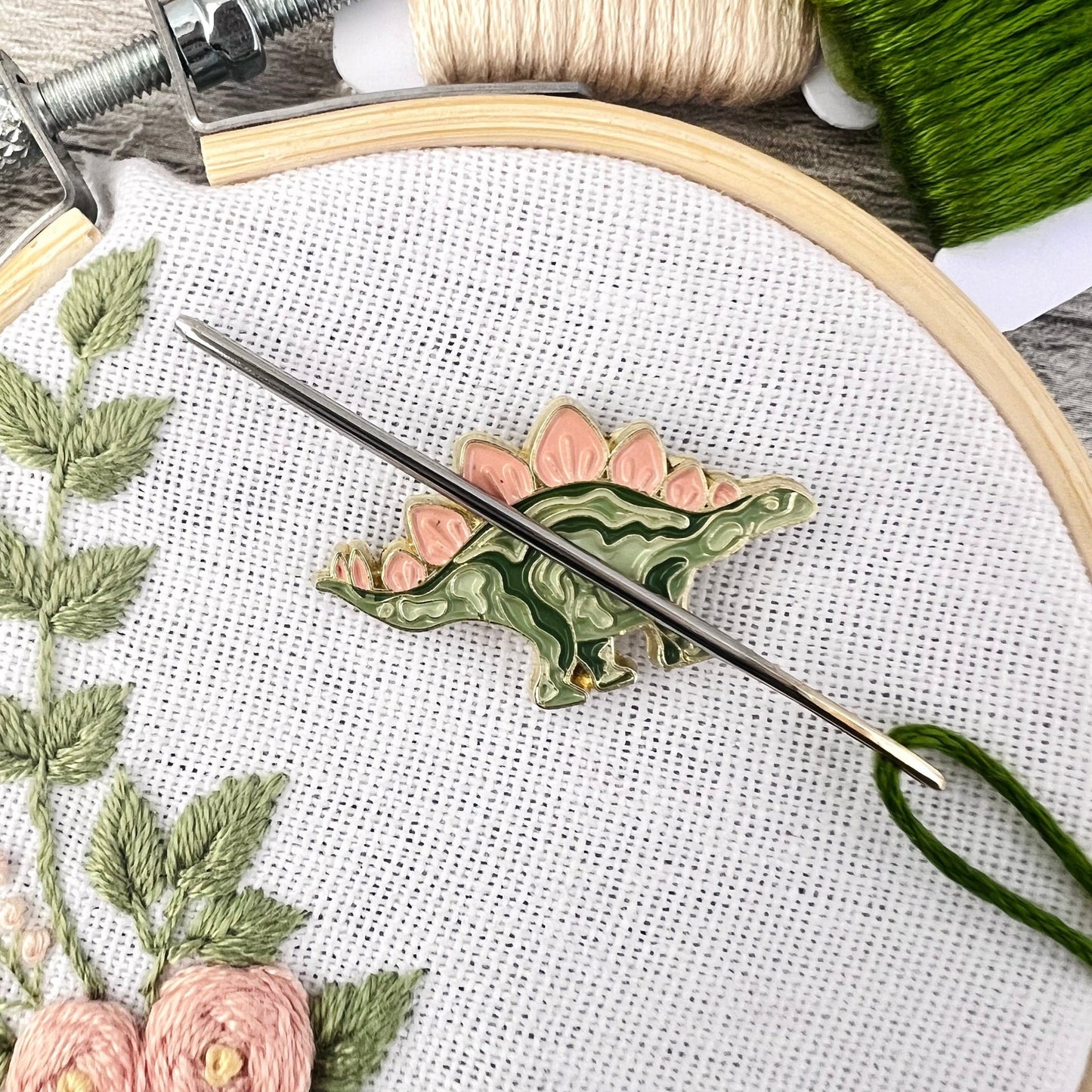 Stegosaurus Needle Minder Needle Threader Magnetic - The Desert Stream Stitch