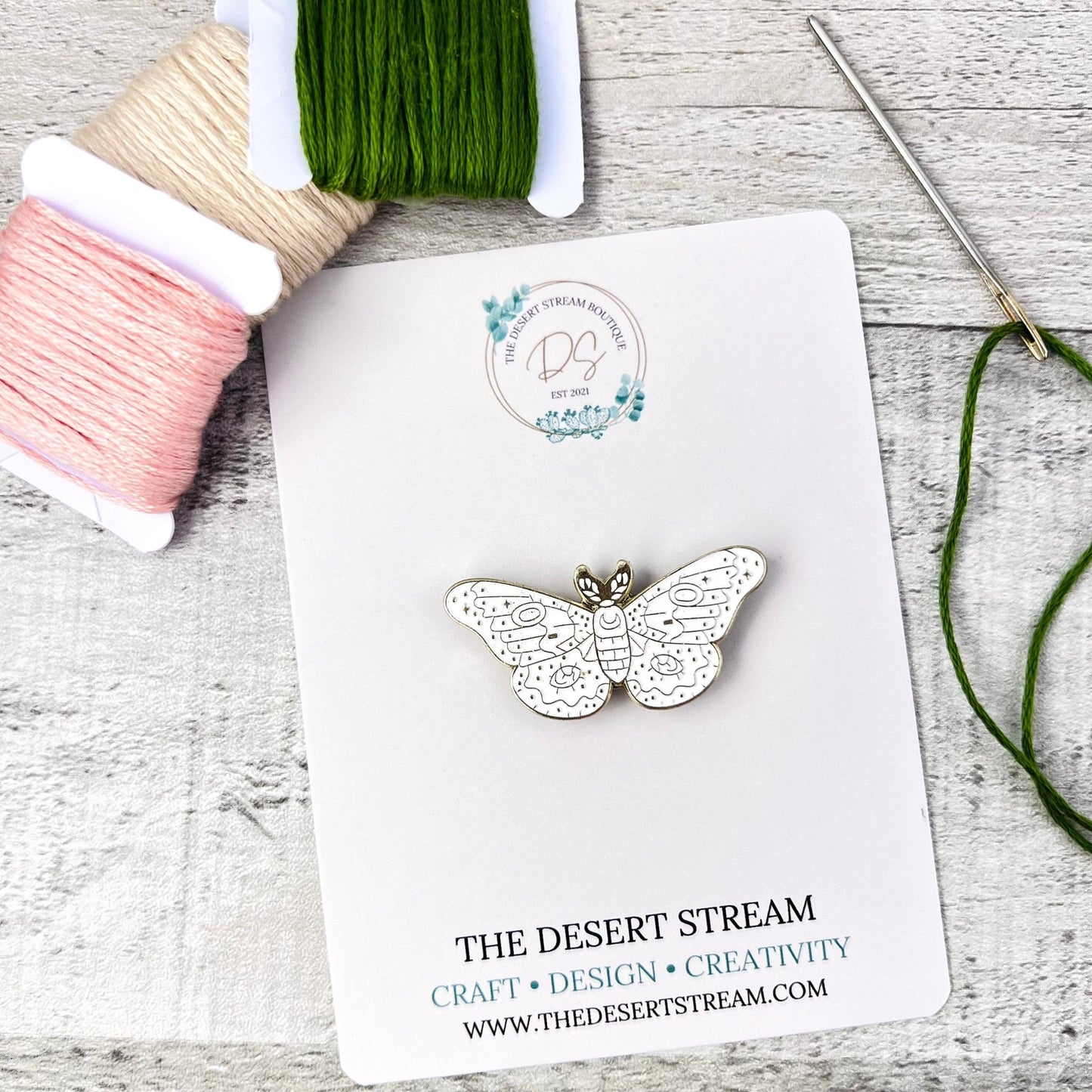 White Moth Needle Minder Needle Threader Magnetic - The Desert Stream Stitch
