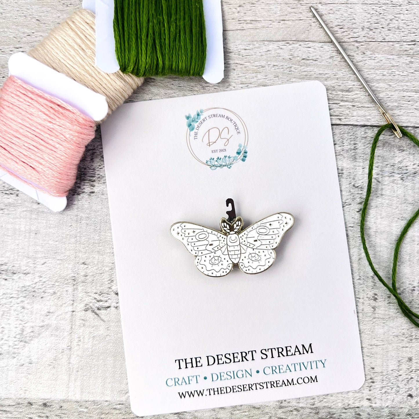 White Moth Needle Minder Needle Threader Magnetic - The Desert Stream Stitch