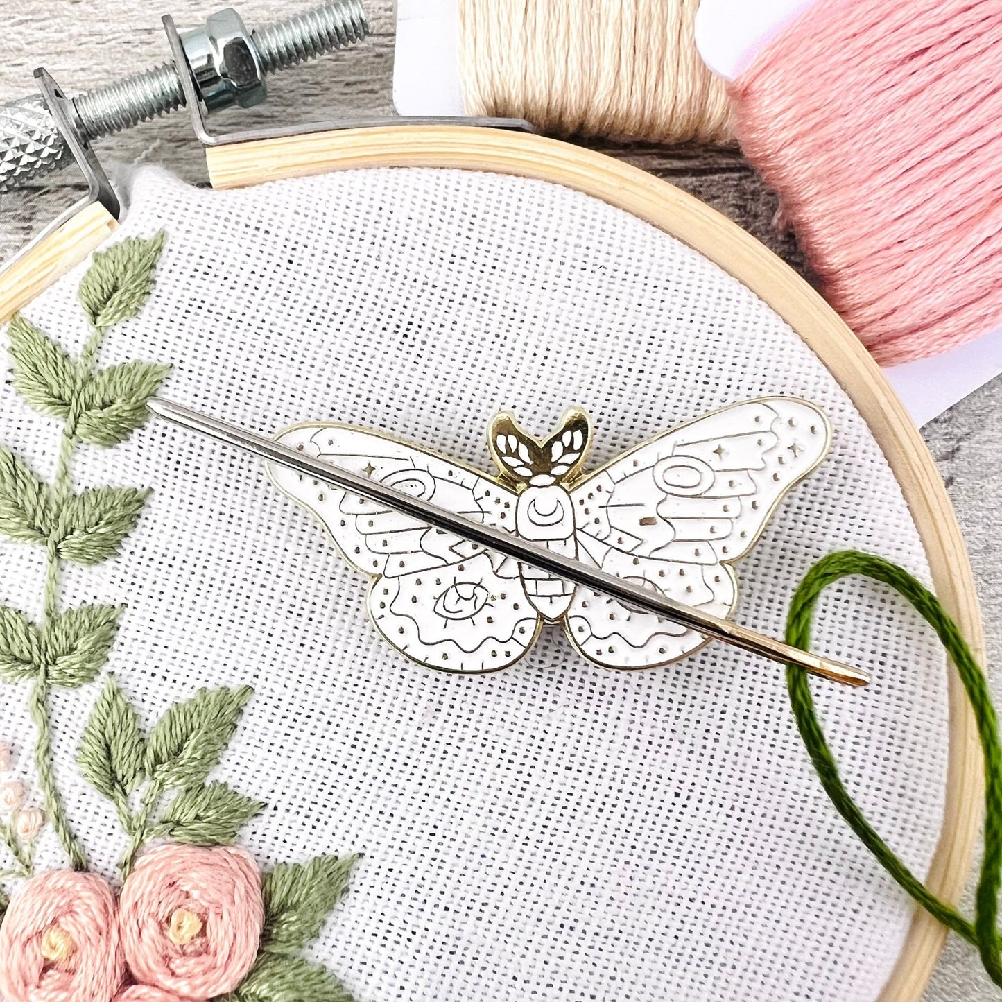 White Moth Needle Minder Needle Threader Magnetic - The Desert Stream Stitch