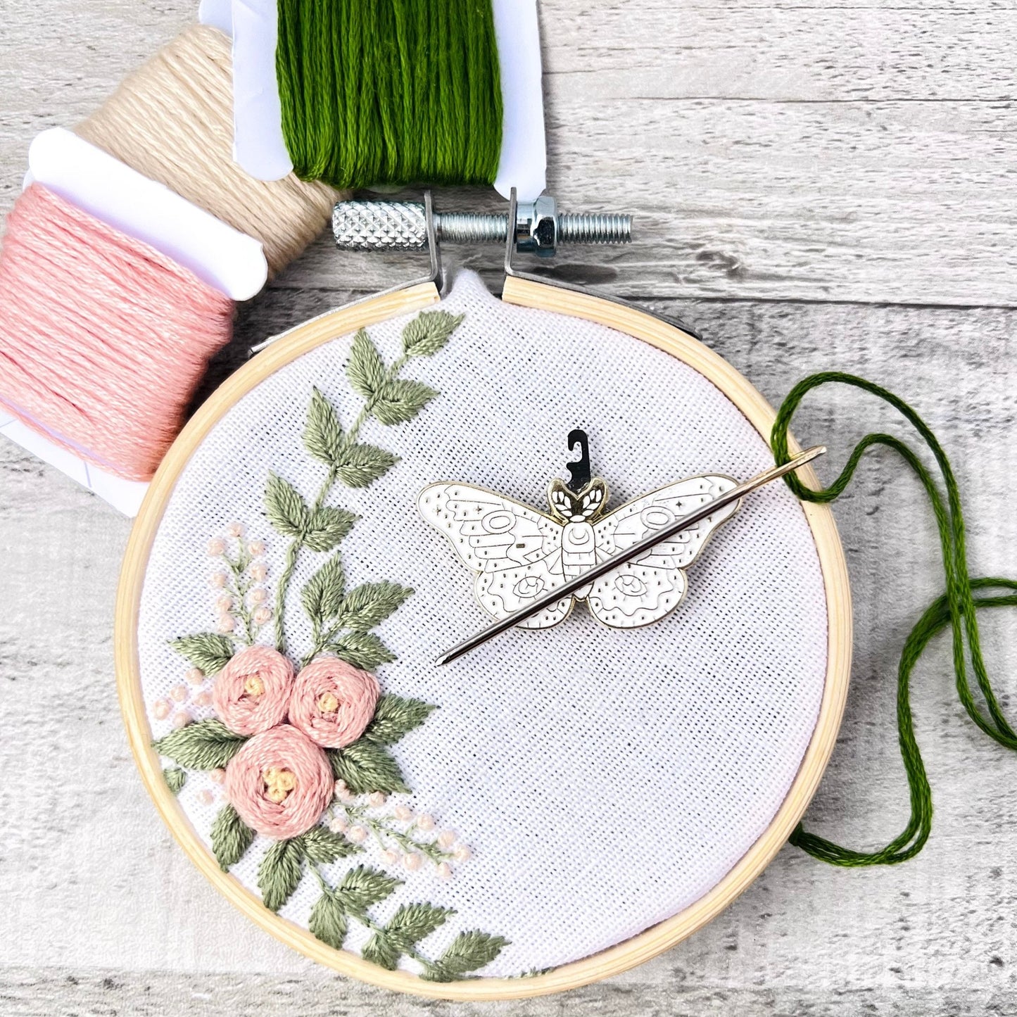 White Moth Needle Minder Needle Threader Magnetic - The Desert Stream Stitch