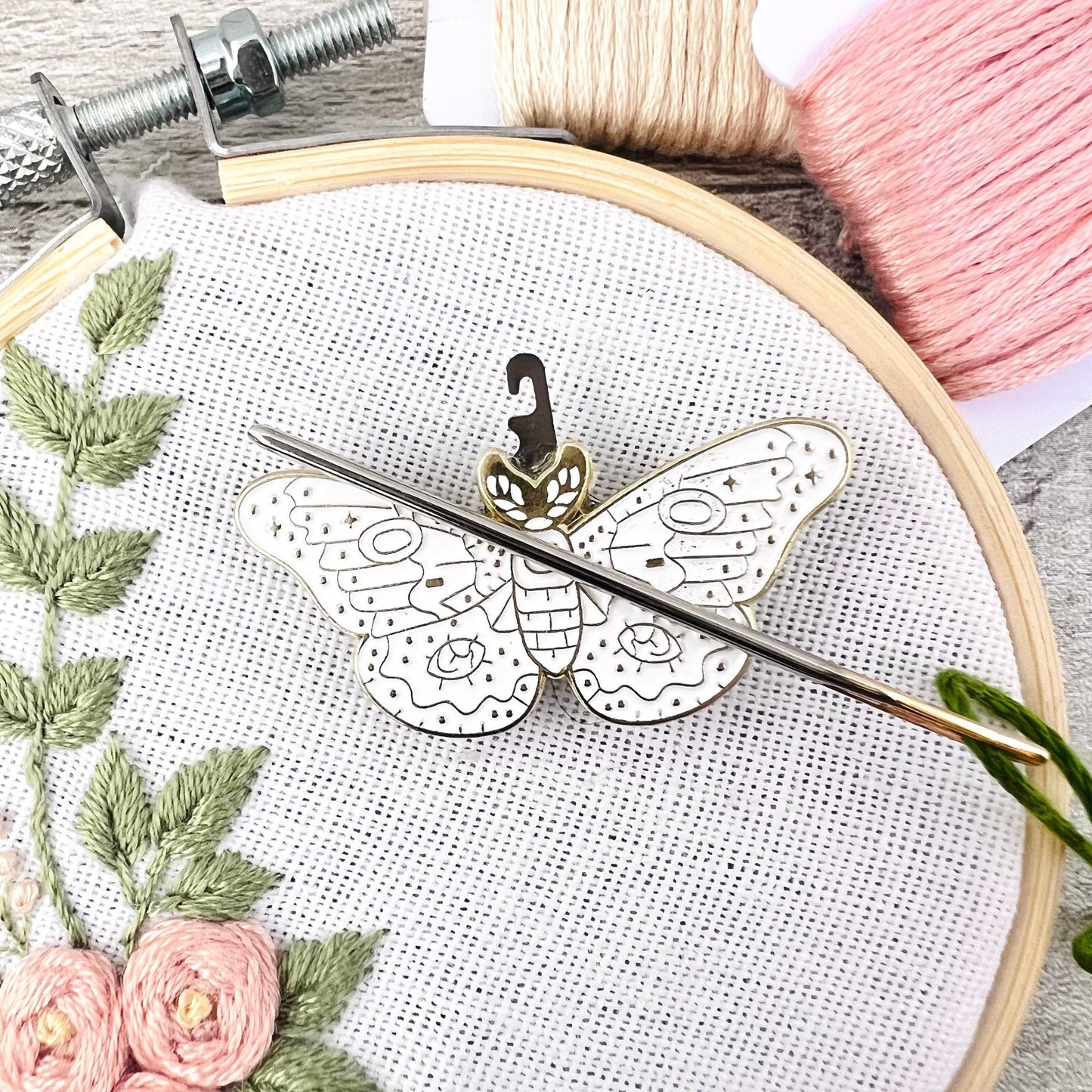 White Moth Needle Minder Needle Threader Magnetic - The Desert Stream Stitch