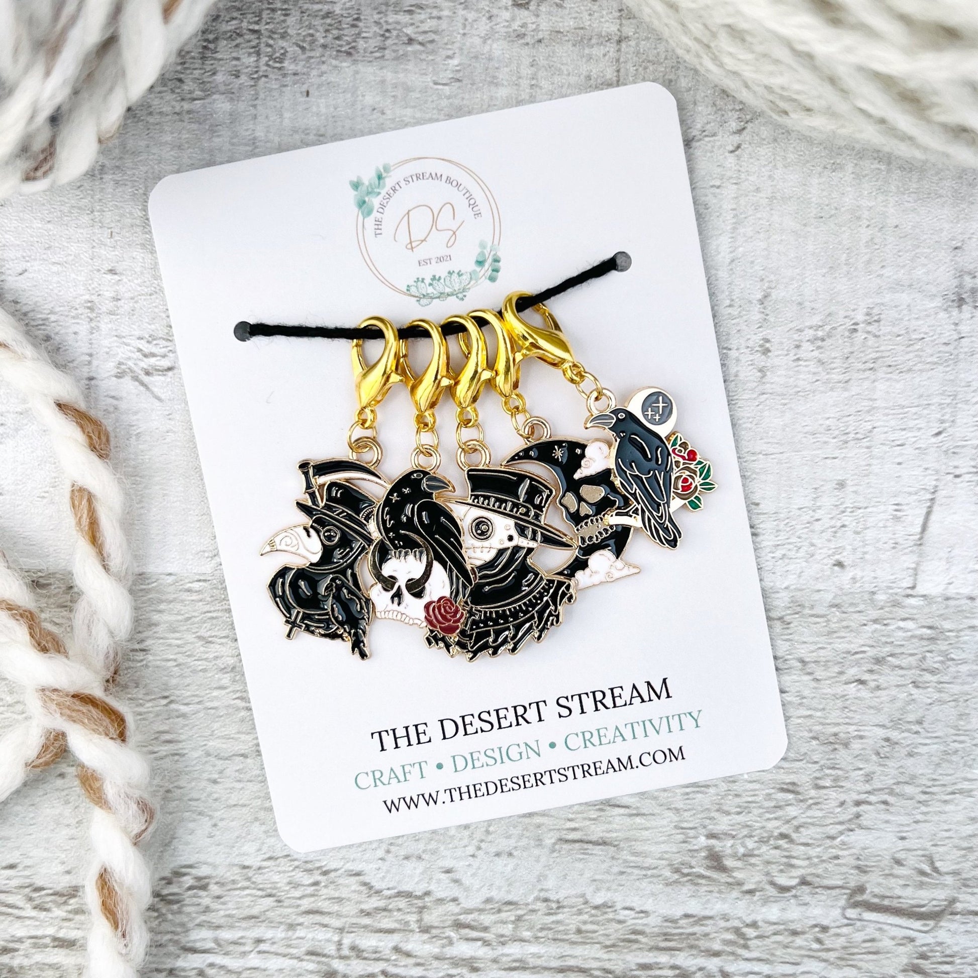 Black Raven Stitch Markers Set - Knitting and Crochet - The Desert Stream Stitch