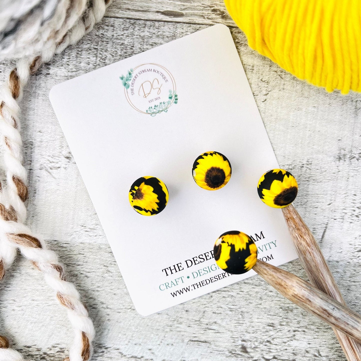 Black Sunflower Stitch Stoppers Knitting Needle Point Protectors - The Desert Stream Stitch