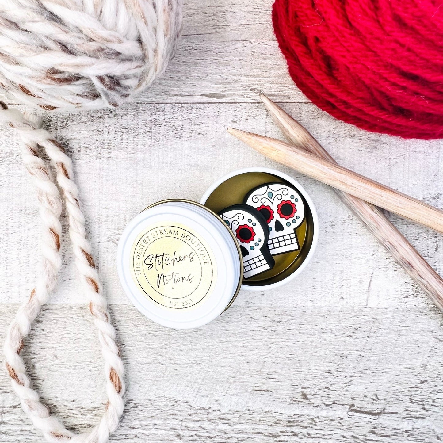 Candy Skull Stitch Stoppers Knitting Needle Point Protectors - The Desert Stream Stitch