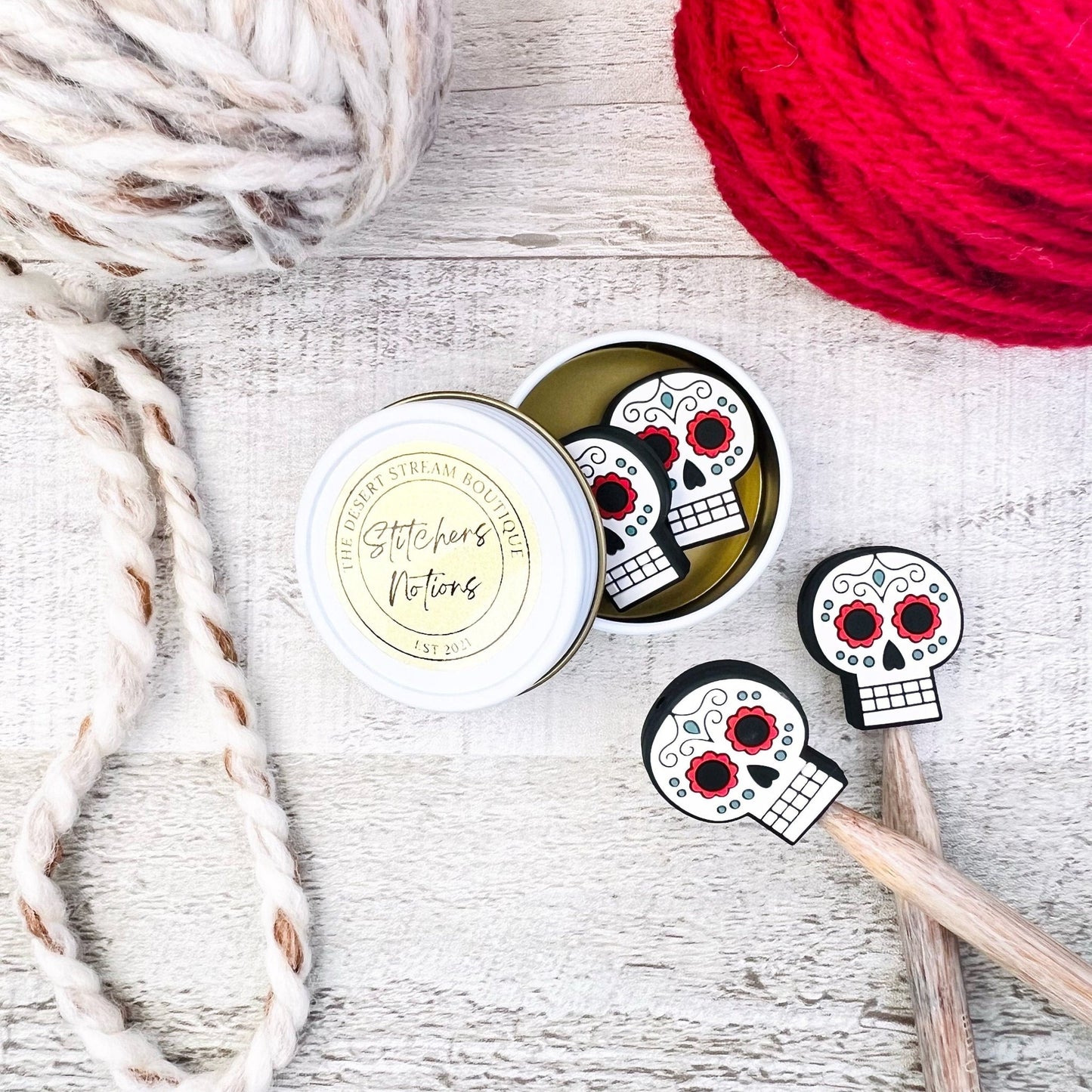 Candy Skull Stitch Stoppers Knitting Needle Point Protectors - The Desert Stream Stitch