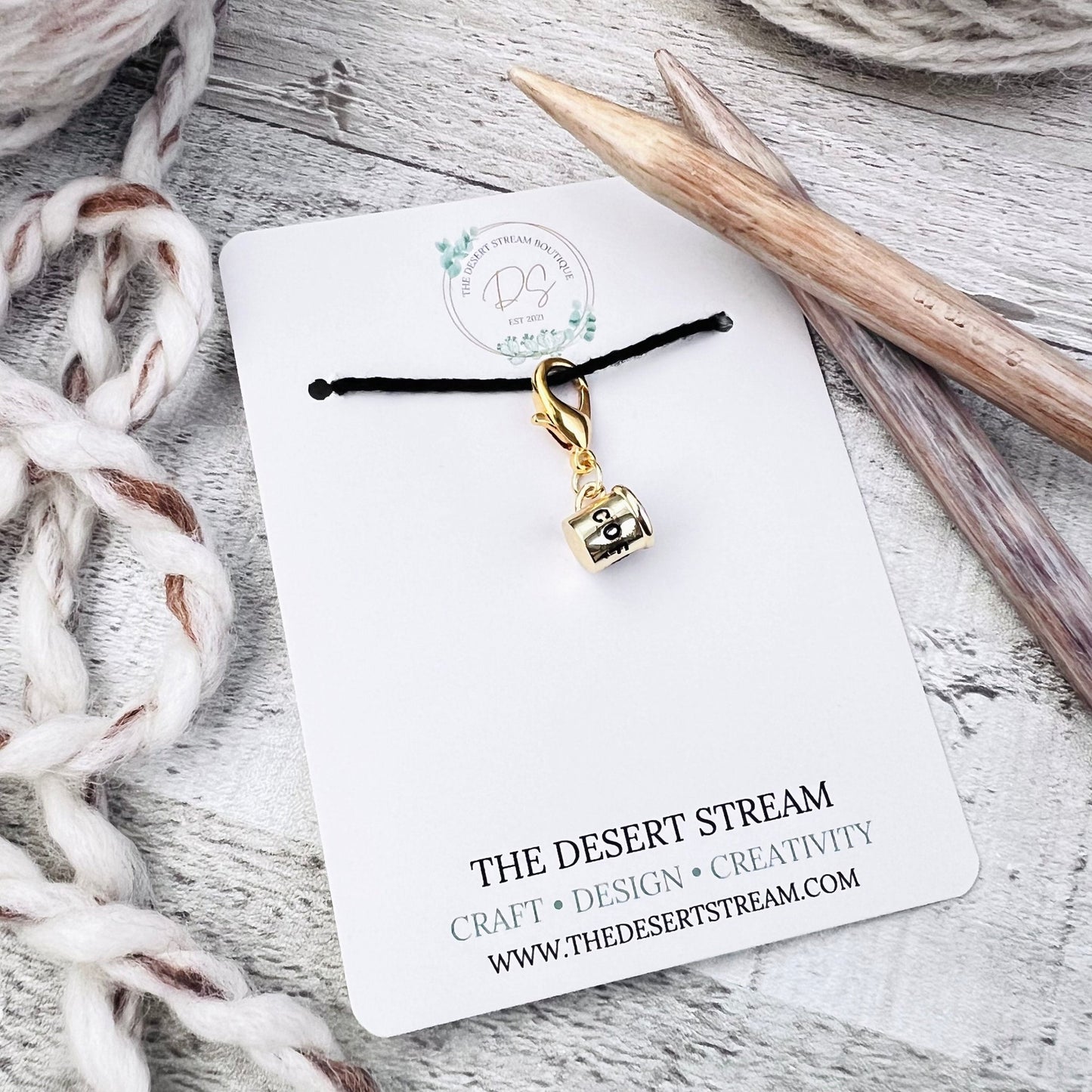 Coffee Cup Stitch Marker - Luxe Limited Collectors Edition - 18K Gold Cubic Zirconia - The Desert Stream Stitch