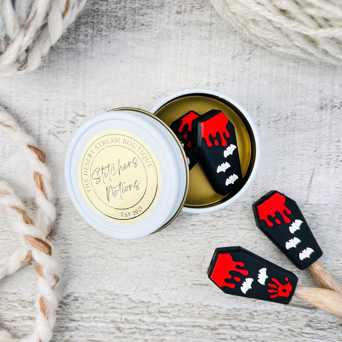 Coffin Stitch Stoppers Knitting Needle Point Protectors - The Desert Stream Stitch