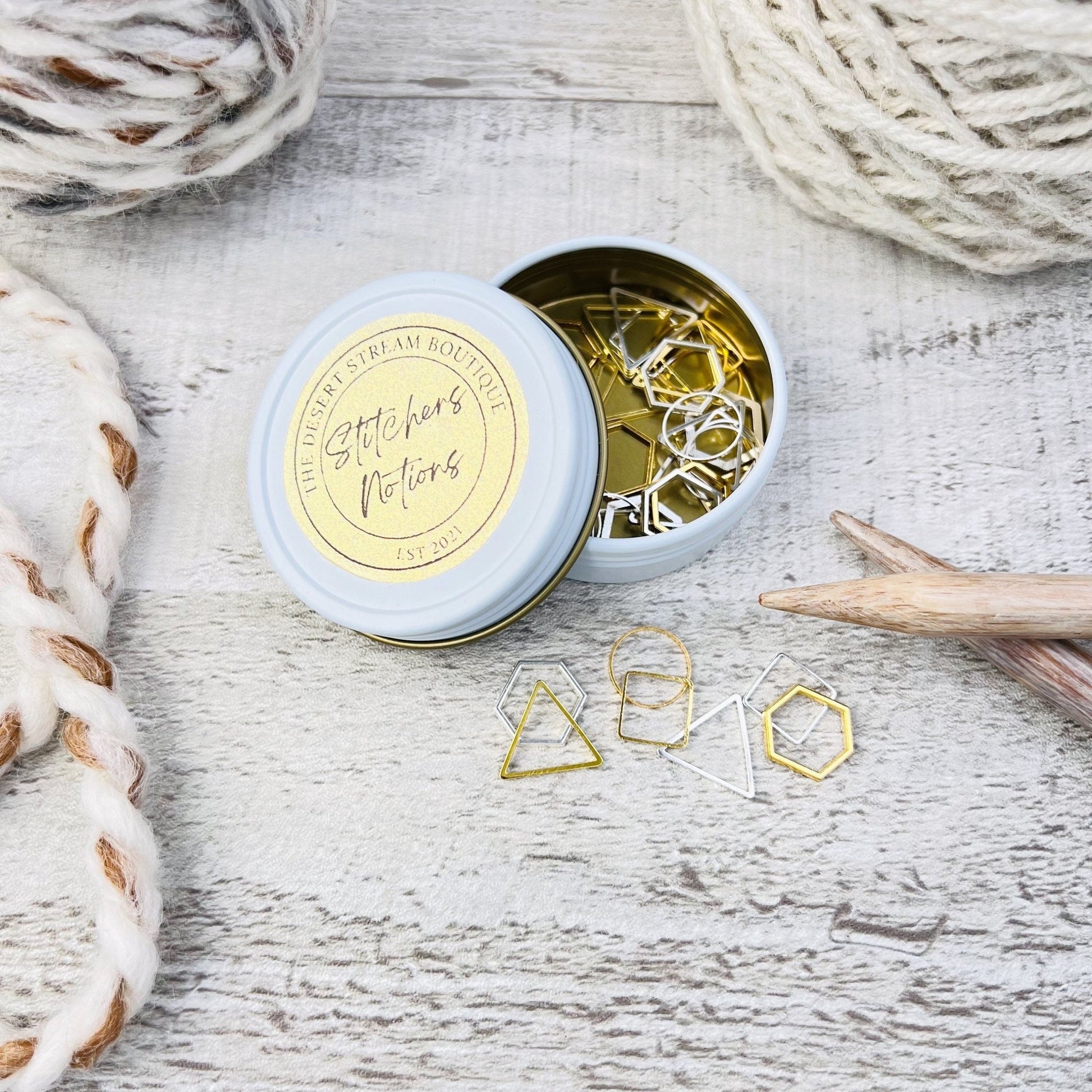 Geometric 40 - Piece Stitch Marker Tin Set - Knitting - The Desert Stream Stitch