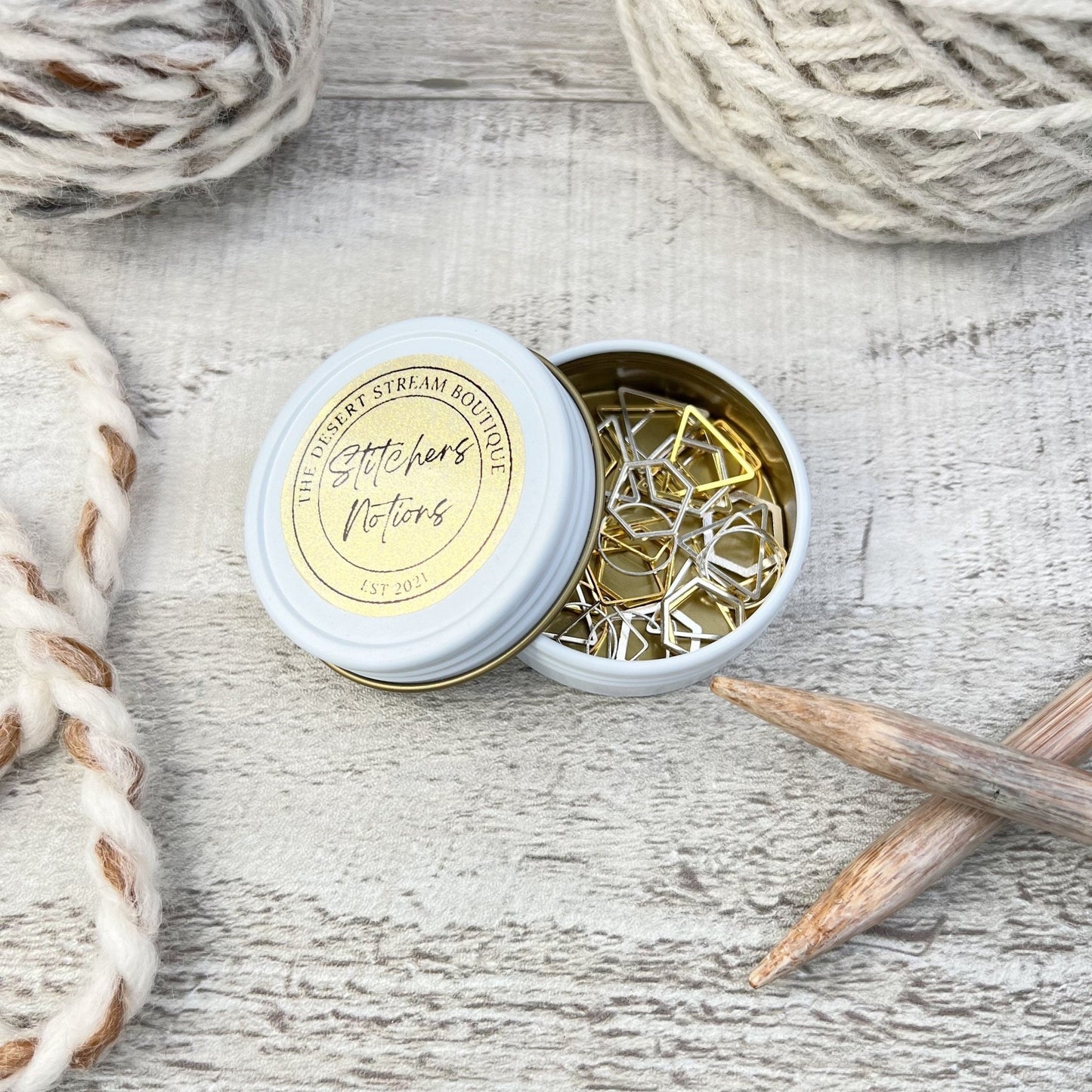 Geometric 40 - Piece Stitch Marker Tin Set - Knitting - The Desert Stream Stitch