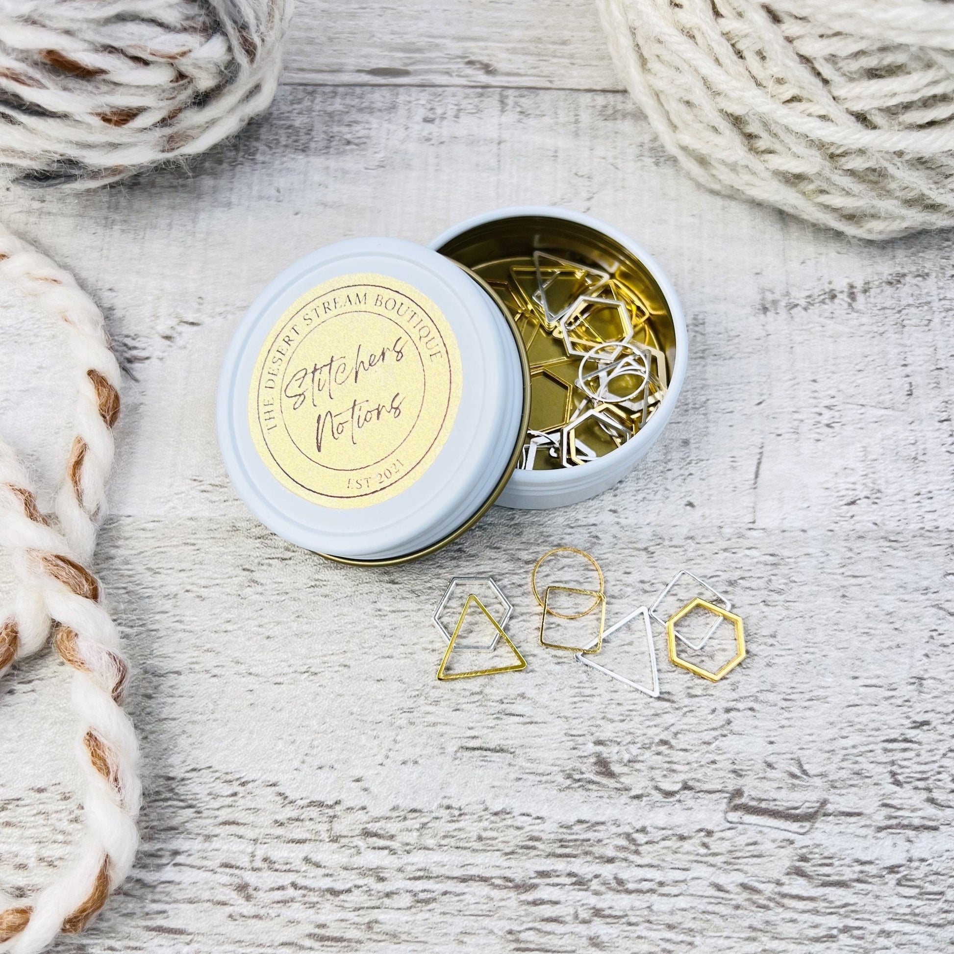 Geometric 40 - Piece Stitch Marker Tin Set - Knitting - The Desert Stream Stitch