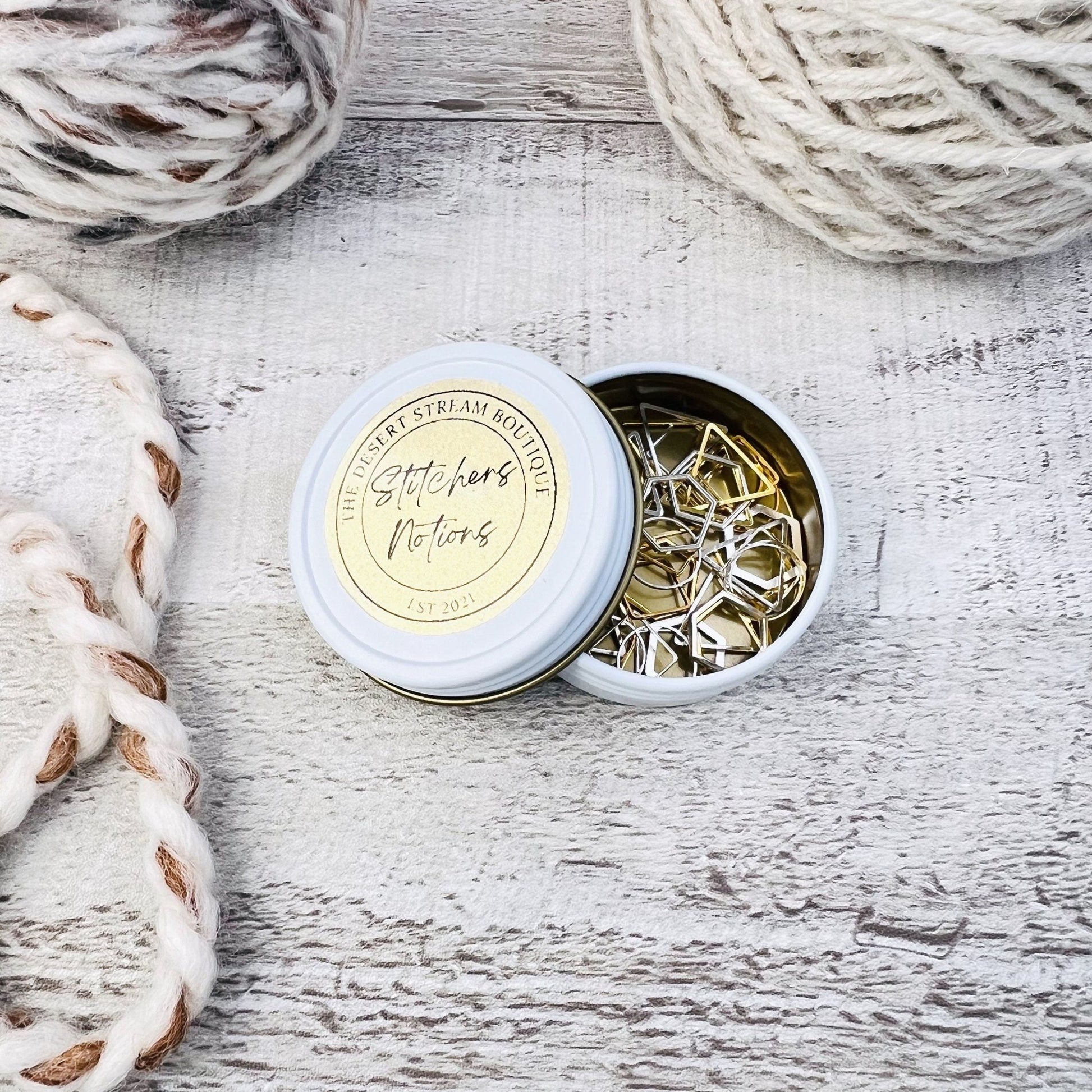 Geometric 40 - Piece Stitch Marker Tin Set - Knitting - The Desert Stream Stitch