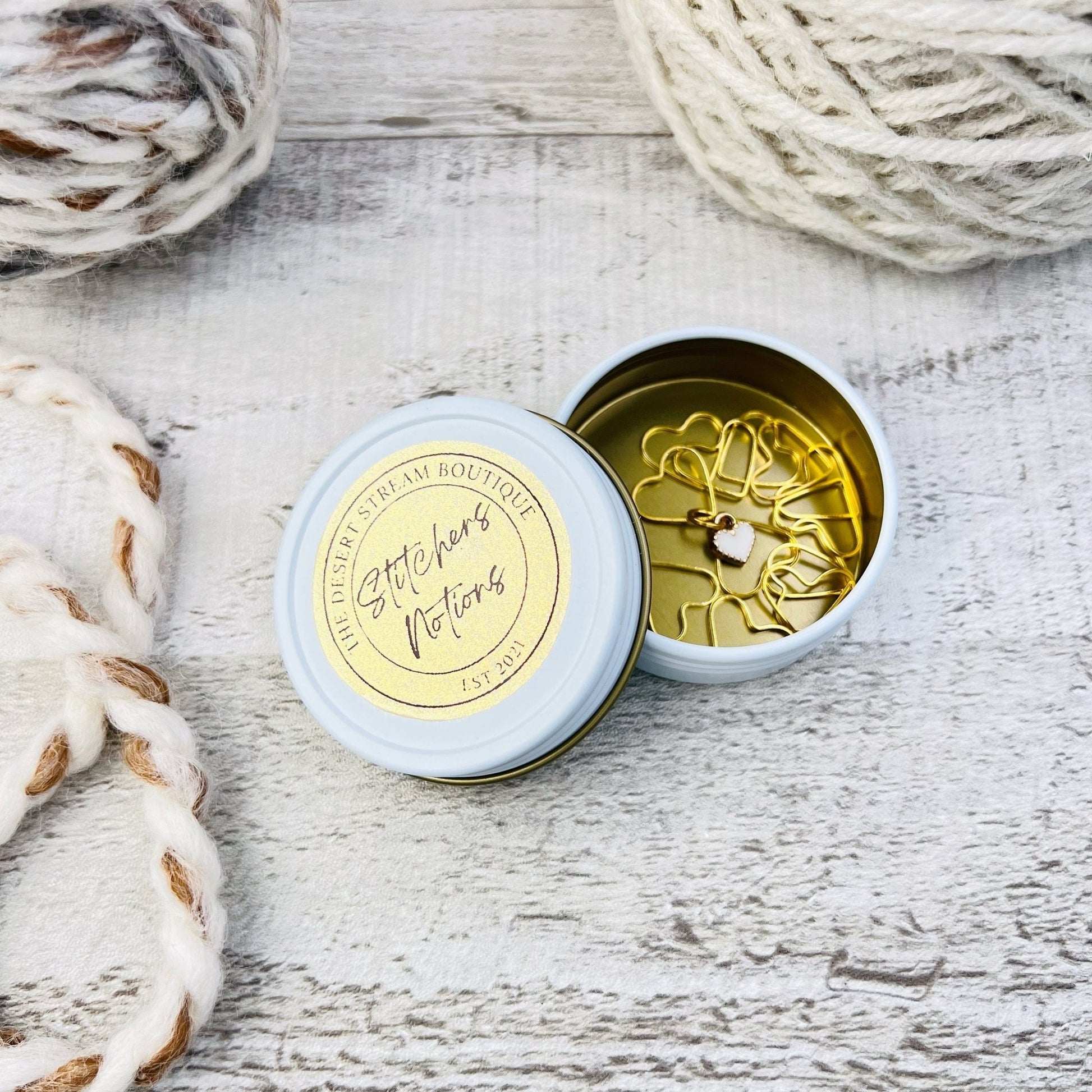 Gold Heart Stitch Markers 13 - Piece Tin Set - Knitting - The Desert Stream Stitch