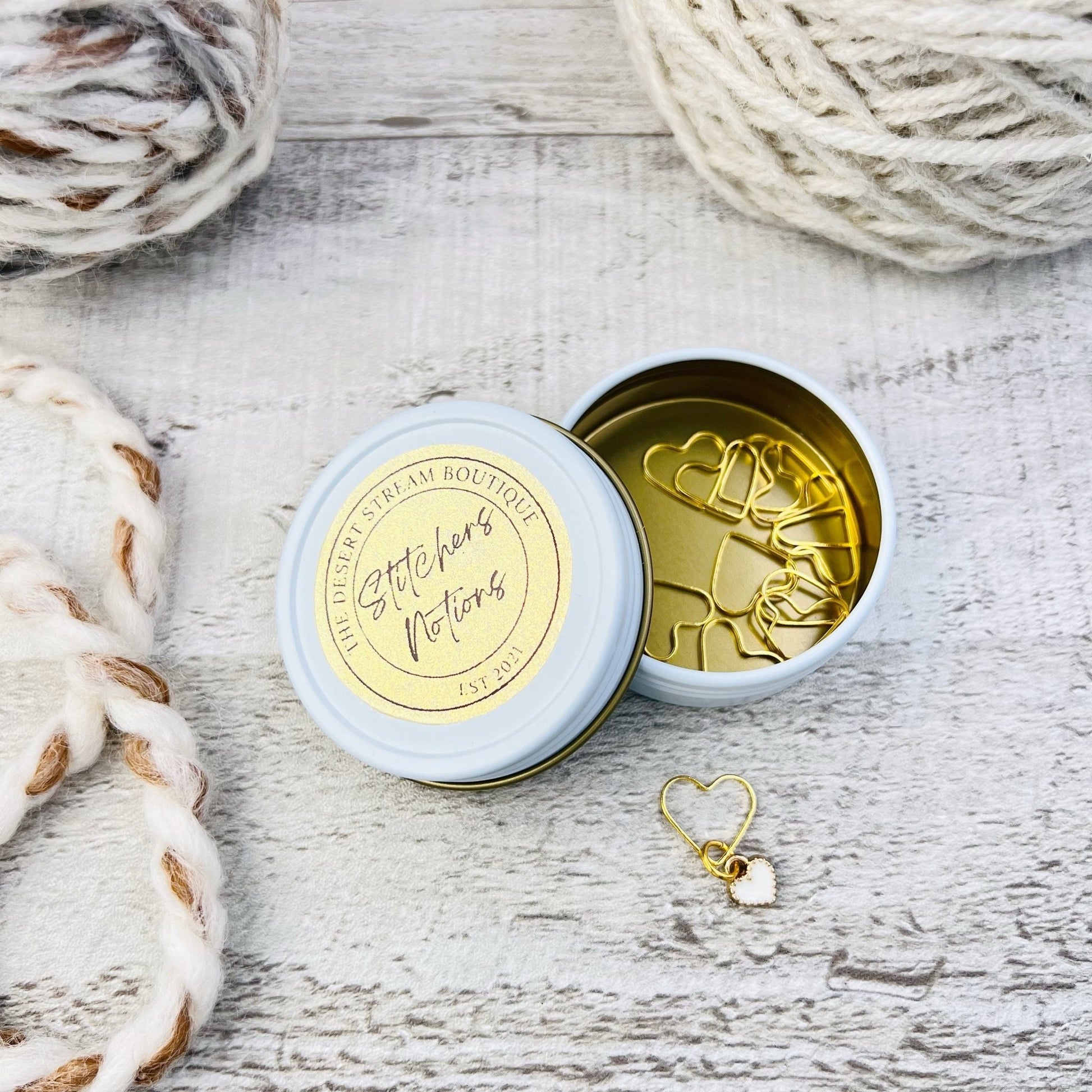 Gold Heart Stitch Markers 13 - Piece Tin Set - Knitting - The Desert Stream Stitch