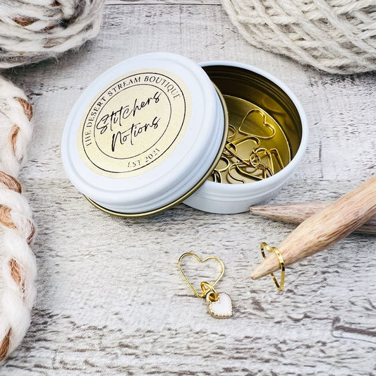 Gold Heart Stitch Markers 13 - Piece Tin Set - Knitting - The Desert Stream Stitch