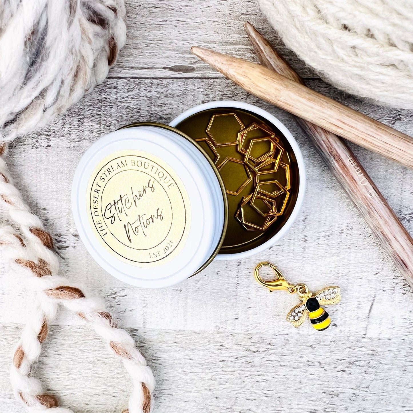 Hex & Honey Bee Stitch Markers 13 - Piece Tin Set - Knitting - The Desert Stream Stitch