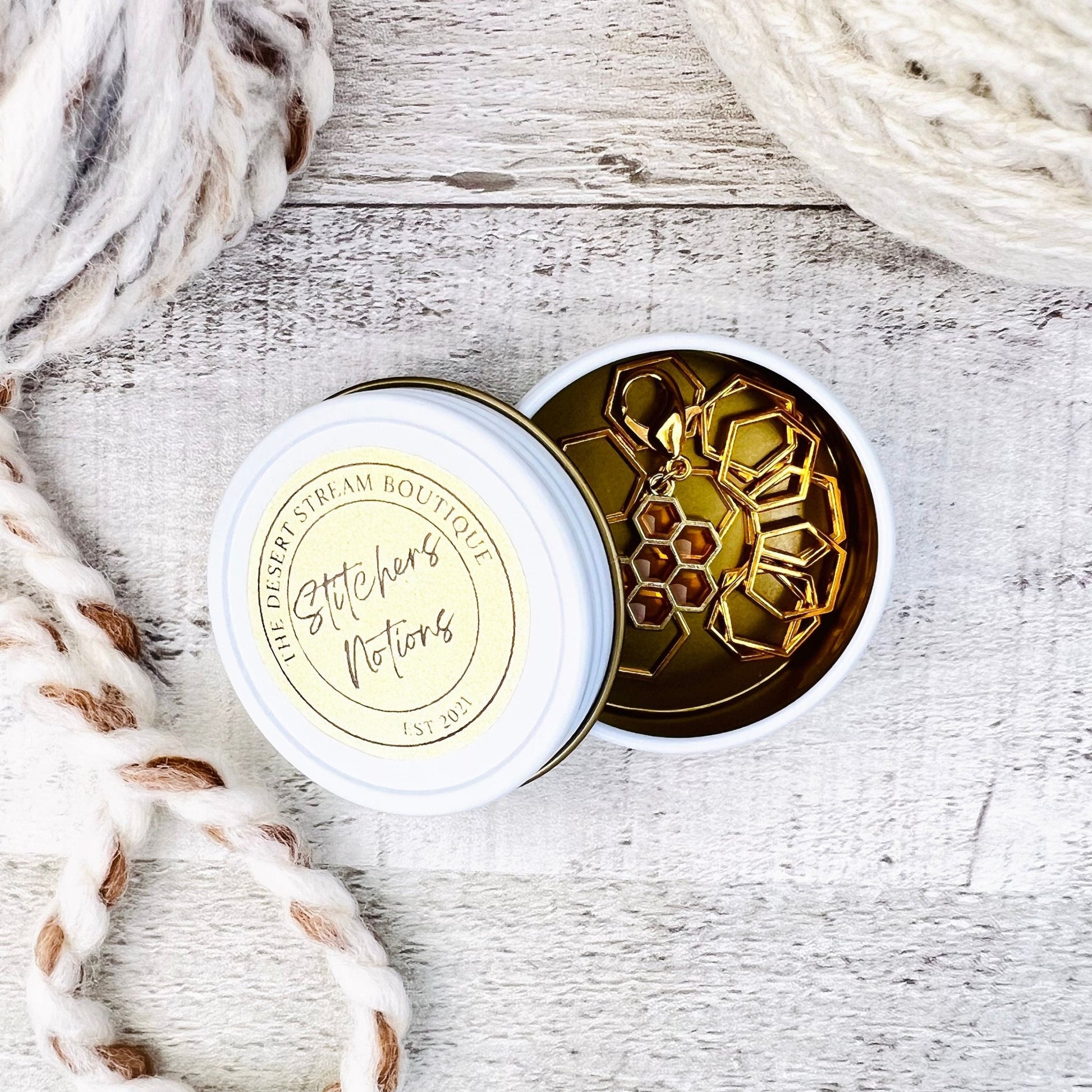 Hex & Honey Bee Stitch Markers 13 - Piece Tin Set - Knitting - The Desert Stream Stitch