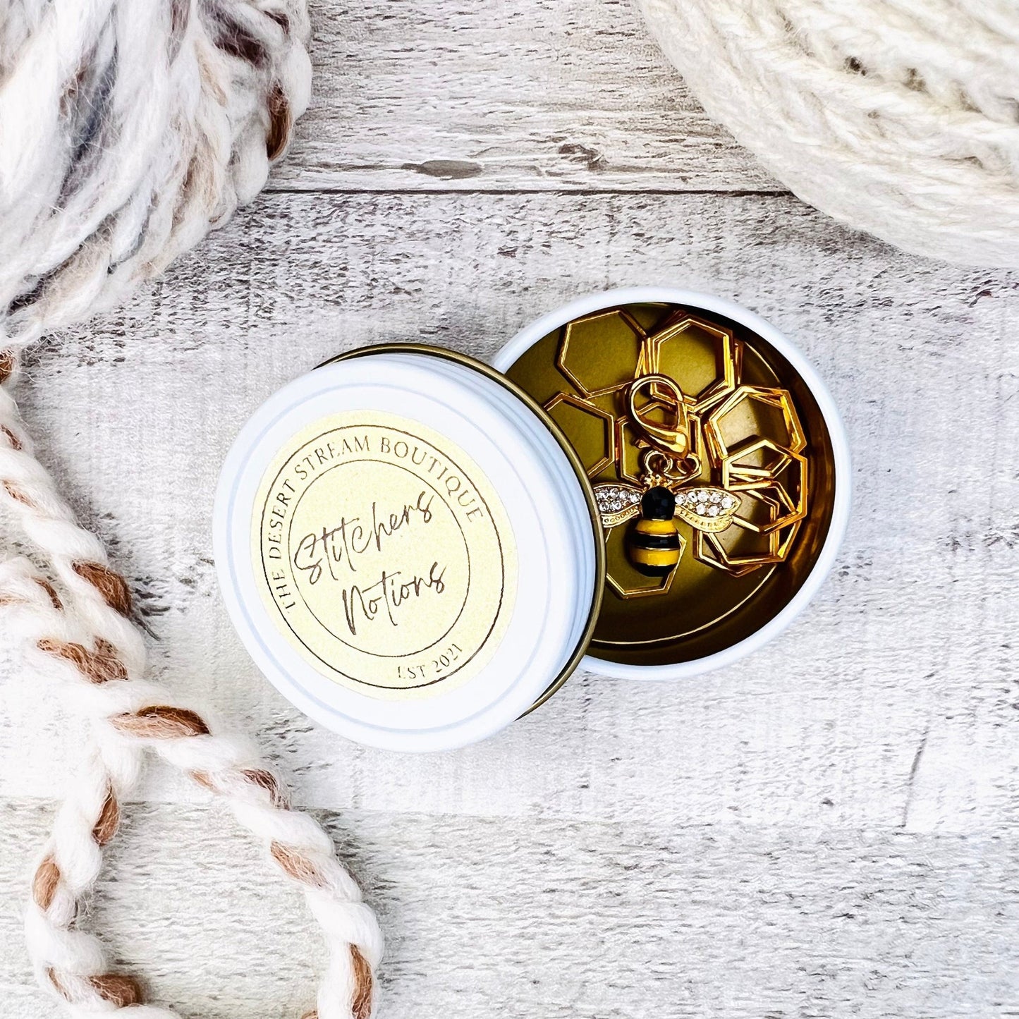 Hex & Honey Bee Stitch Markers 13 - Piece Tin Set - Knitting - The Desert Stream Stitch