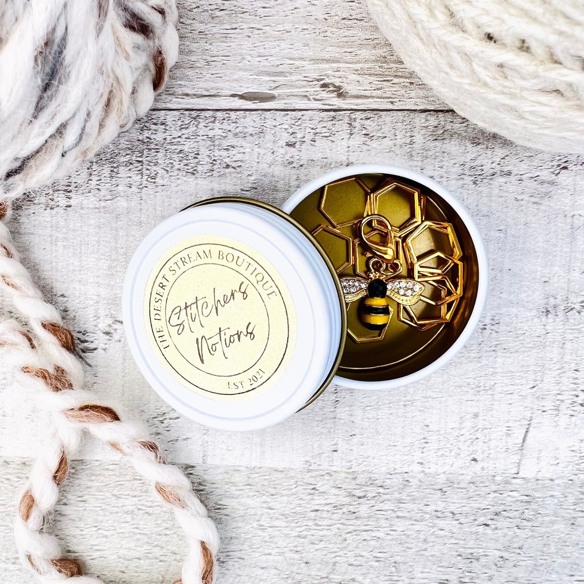 Hex & Honey Bee Stitch Markers 13 - Piece Tin Set - Knitting - The Desert Stream Stitch