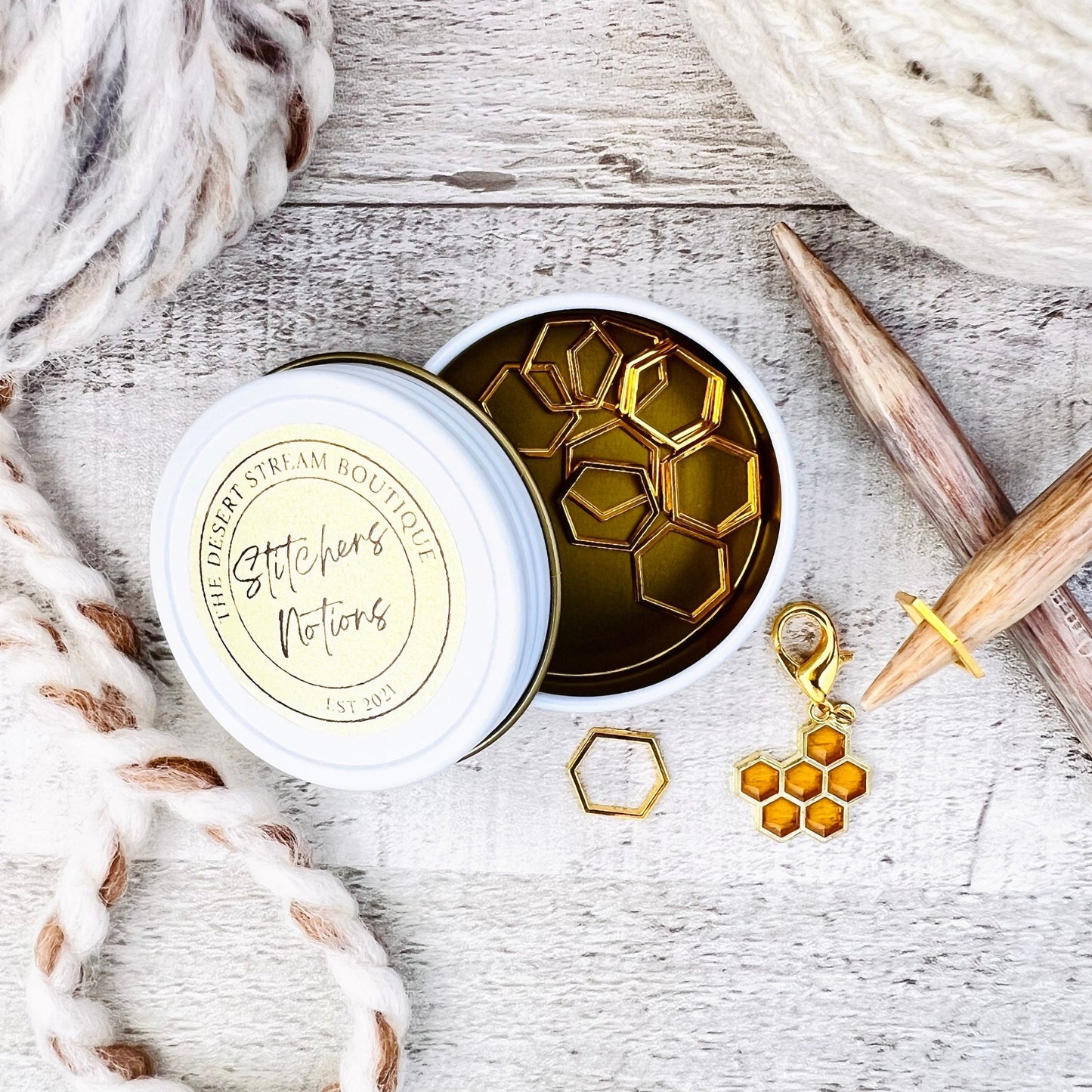 Hex & Honey Bee Stitch Markers 13 - Piece Tin Set - Knitting - The Desert Stream Stitch