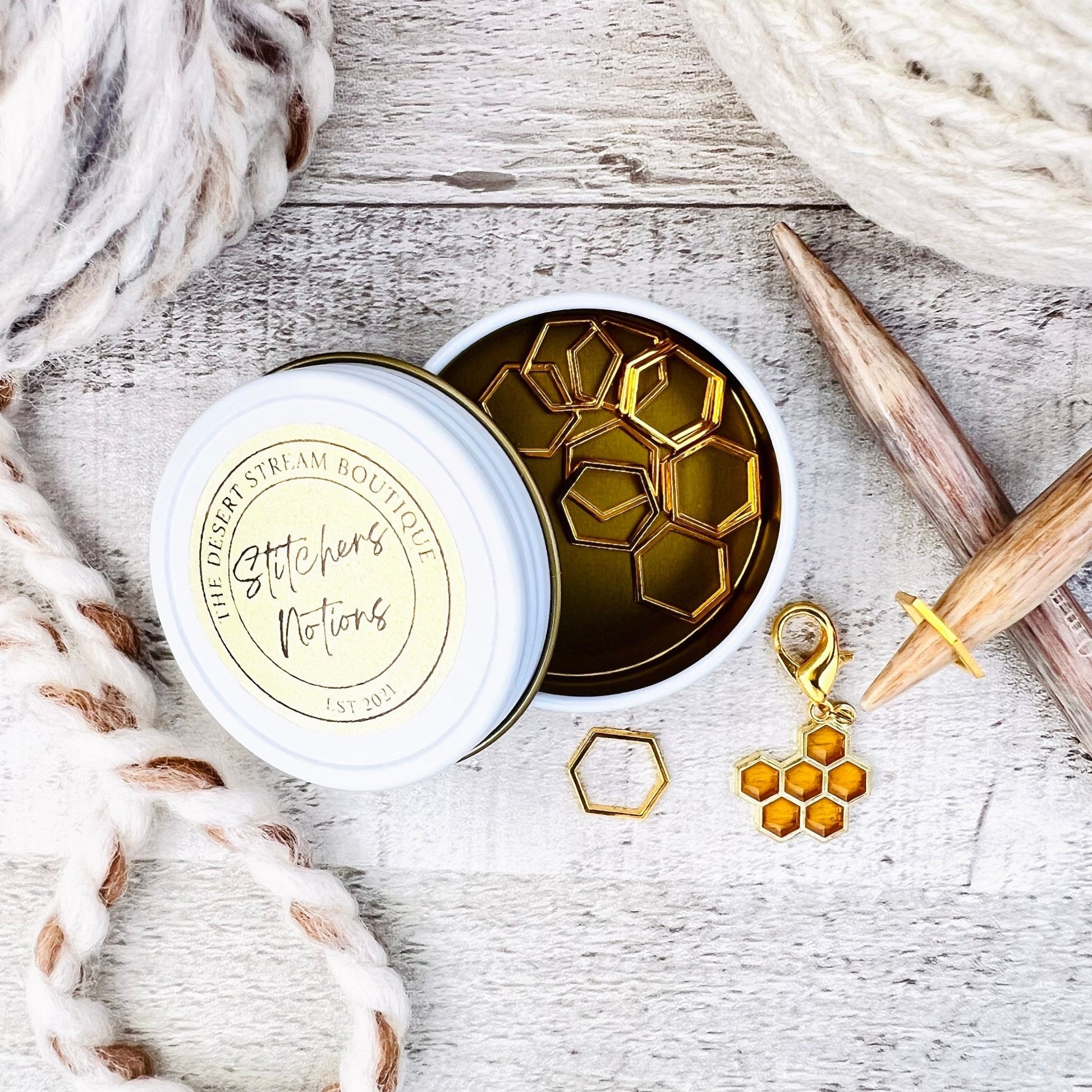 Hex & Honey Bee Stitch Markers 13 - Piece Tin Set - Knitting - The Desert Stream Stitch