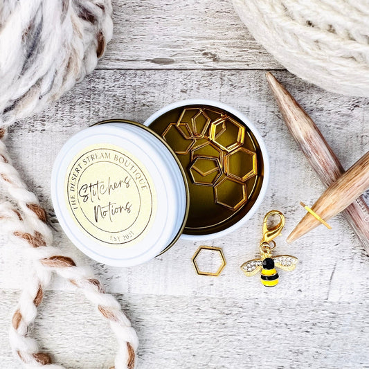 Hex & Honey Bee Stitch Markers 13 - Piece Tin Set - Knitting - The Desert Stream Stitch