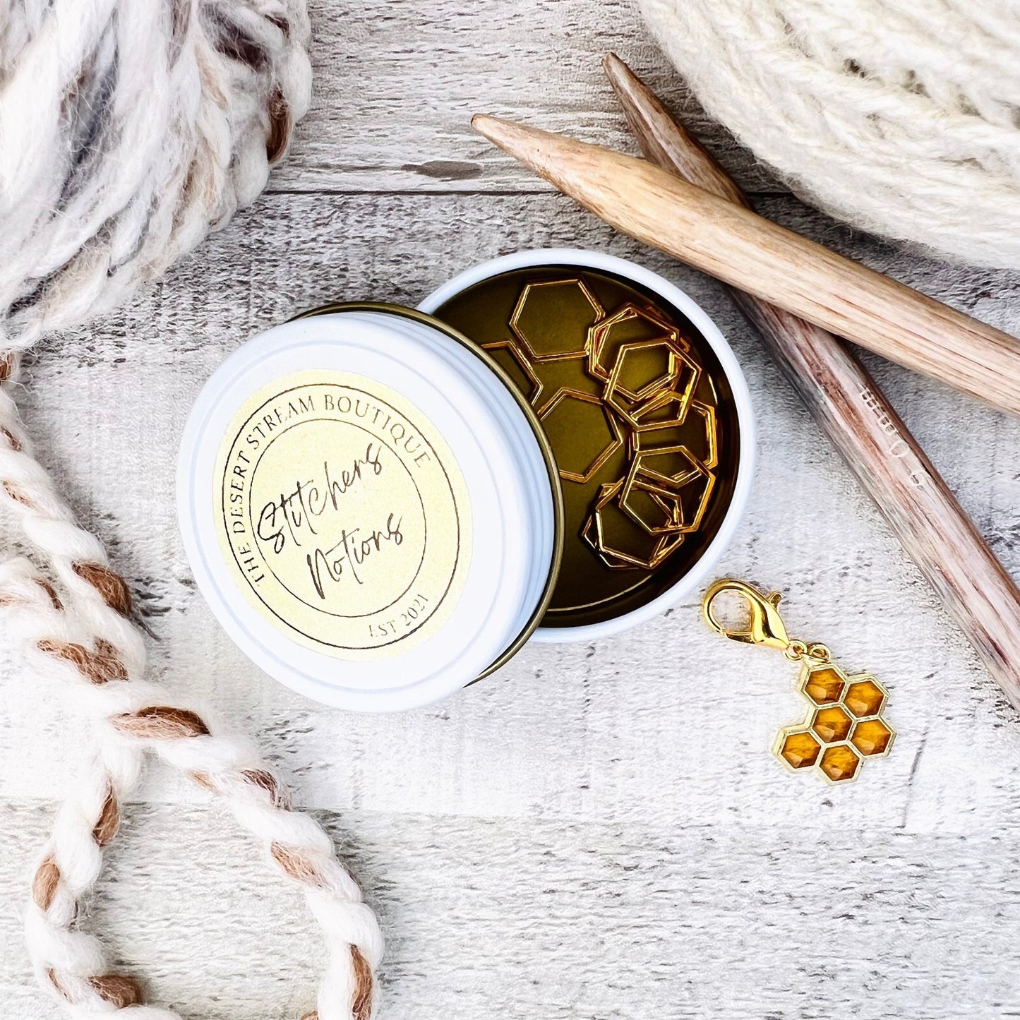Hex & Honey Bee Stitch Markers 13 - Piece Tin Set - Knitting - The Desert Stream Stitch