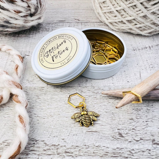 Hex & Vintage Bee Stitch Markers 13 - Piece Tin Set - Knitting - The Desert Stream Stitch