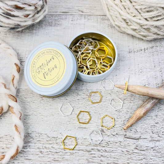 Hexagon 40 - Piece Stitch Marker Tin Set - Knitting - The Desert Stream Stitch