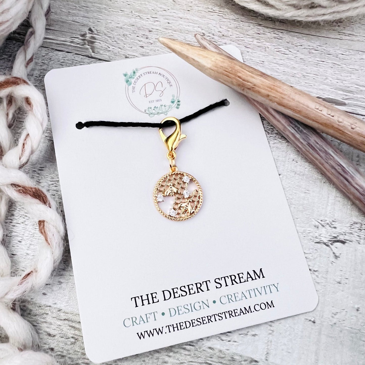 Honeycomb Bee Stitch Marker - Luxe Limited Collectors Edition - 18K Gold Cubic Zirconia - The Desert Stream Stitch