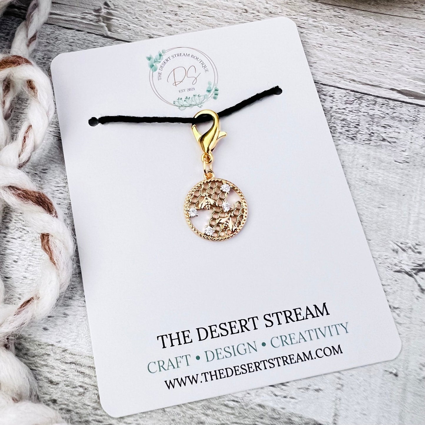 Honeycomb Bee Stitch Marker - Luxe Limited Collectors Edition - 18K Gold Cubic Zirconia - The Desert Stream Stitch