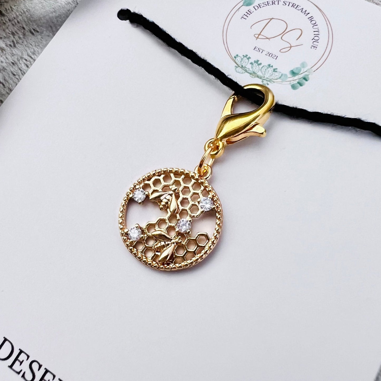 Honeycomb Bee Stitch Marker - Luxe Limited Collectors Edition - 18K Gold Cubic Zirconia - The Desert Stream Stitch