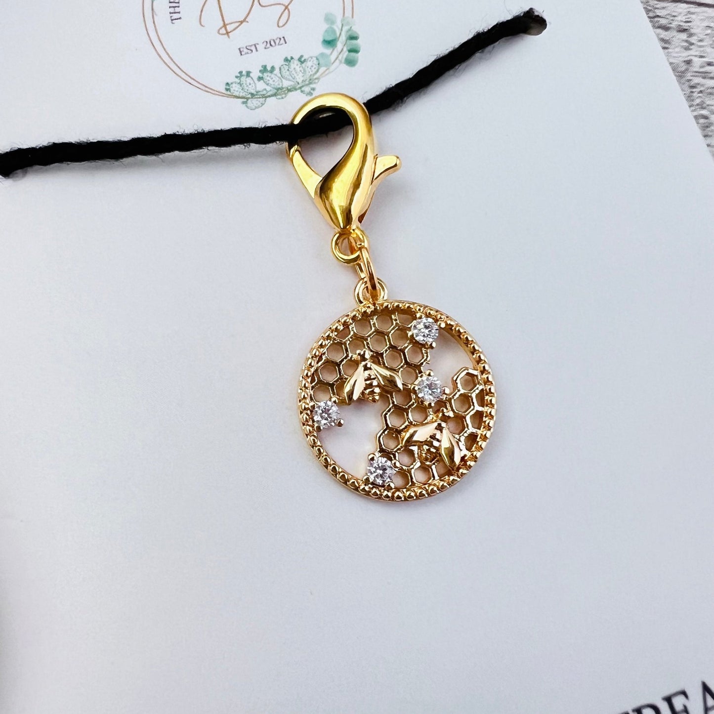 Honeycomb Bee Stitch Marker - Luxe Limited Collectors Edition - 18K Gold Cubic Zirconia - The Desert Stream Stitch