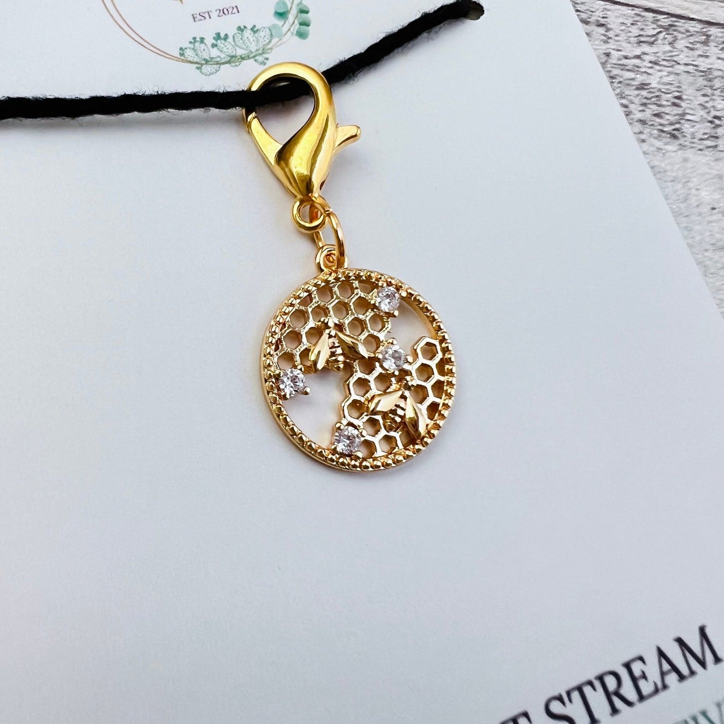 Honeycomb Bee Stitch Marker - Luxe Limited Collectors Edition - 18K Gold Cubic Zirconia - The Desert Stream Stitch