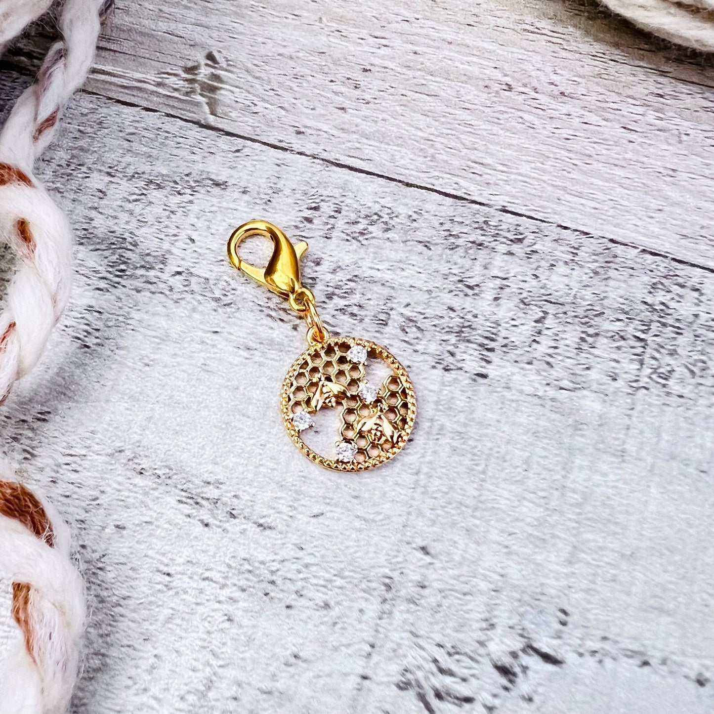 Honeycomb Bee Stitch Marker - Luxe Limited Collectors Edition - 18K Gold Cubic Zirconia - The Desert Stream Stitch