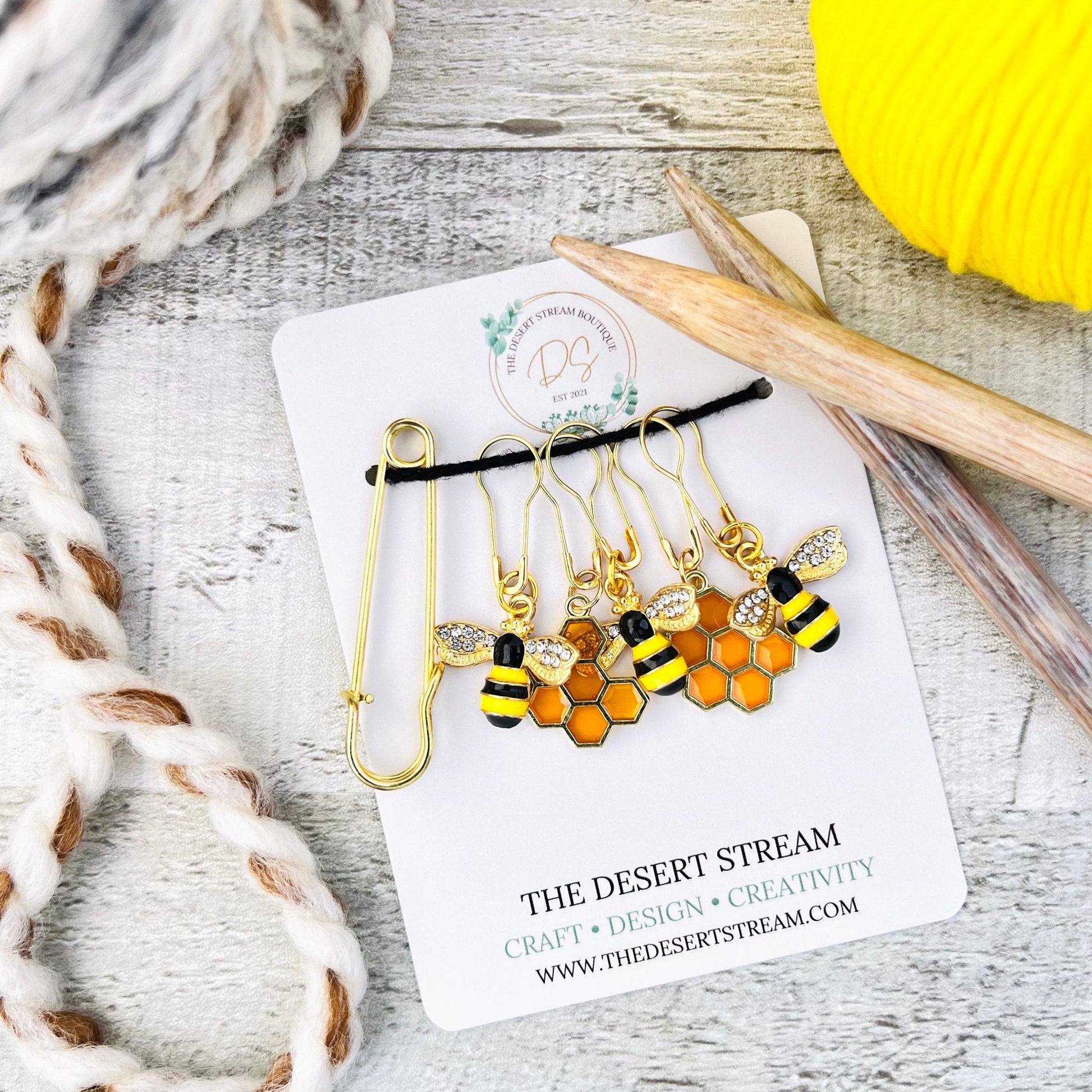 Honeycomb & Bee Stitch Markers Set - Knitting and Crochet - The Desert Stream Stitch