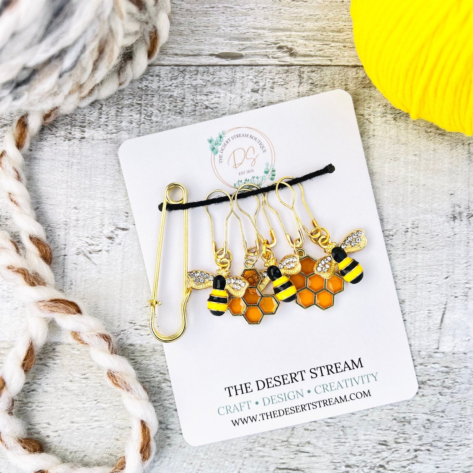 Honeycomb & Bee Stitch Markers Set - Knitting and Crochet - The Desert Stream Stitch