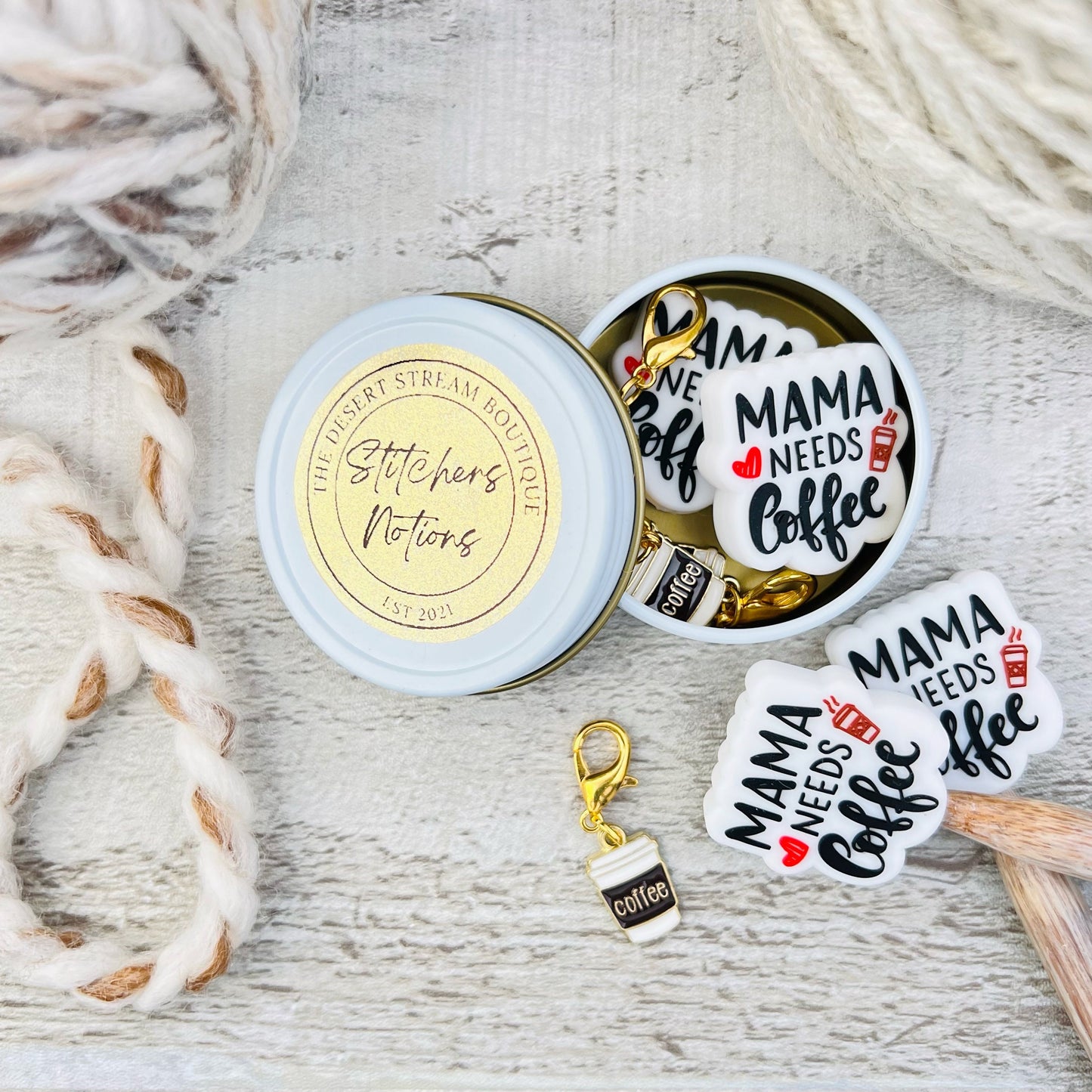 Coffee Knitting Notions Tin Set