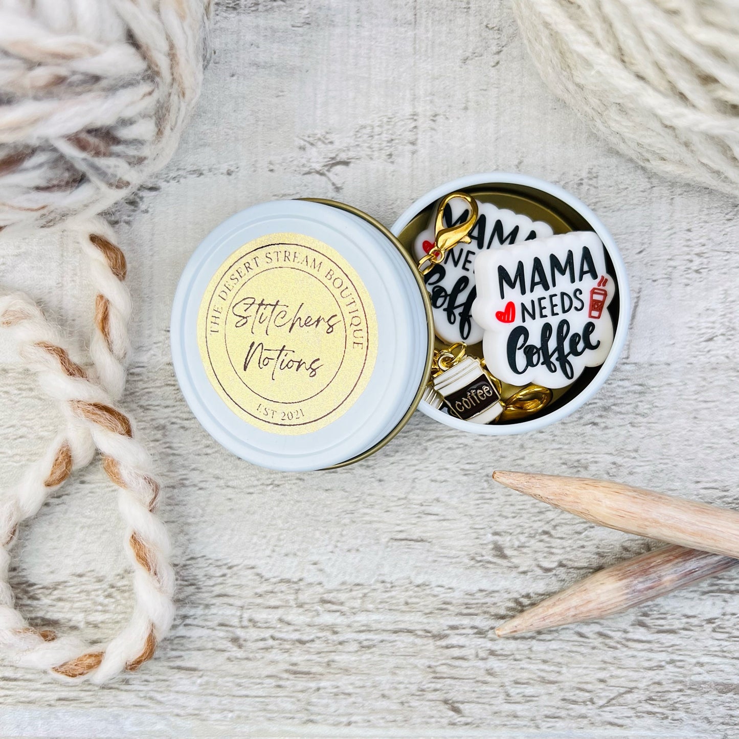 Coffee Knitting Notions Tin Set