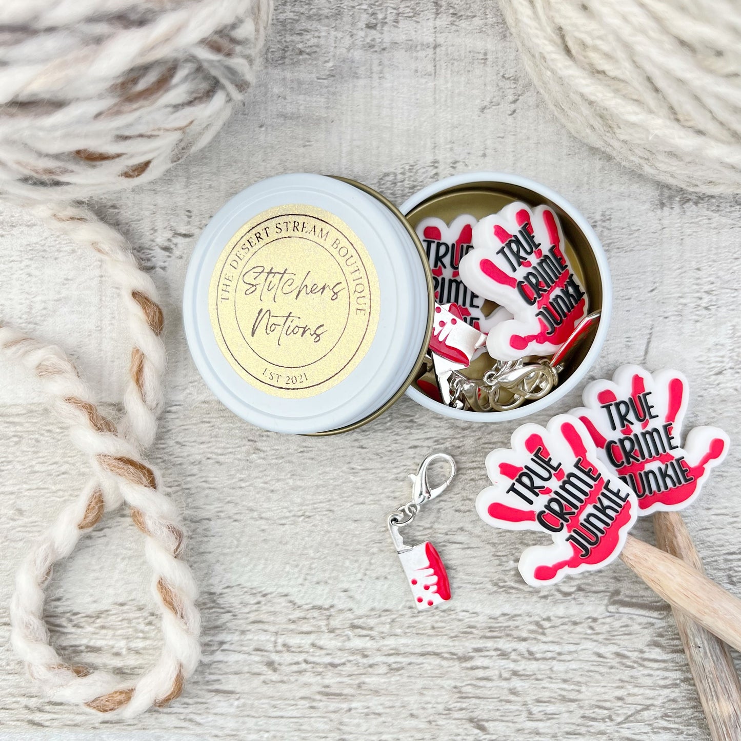 True Crime Knitting Notions Tin Set