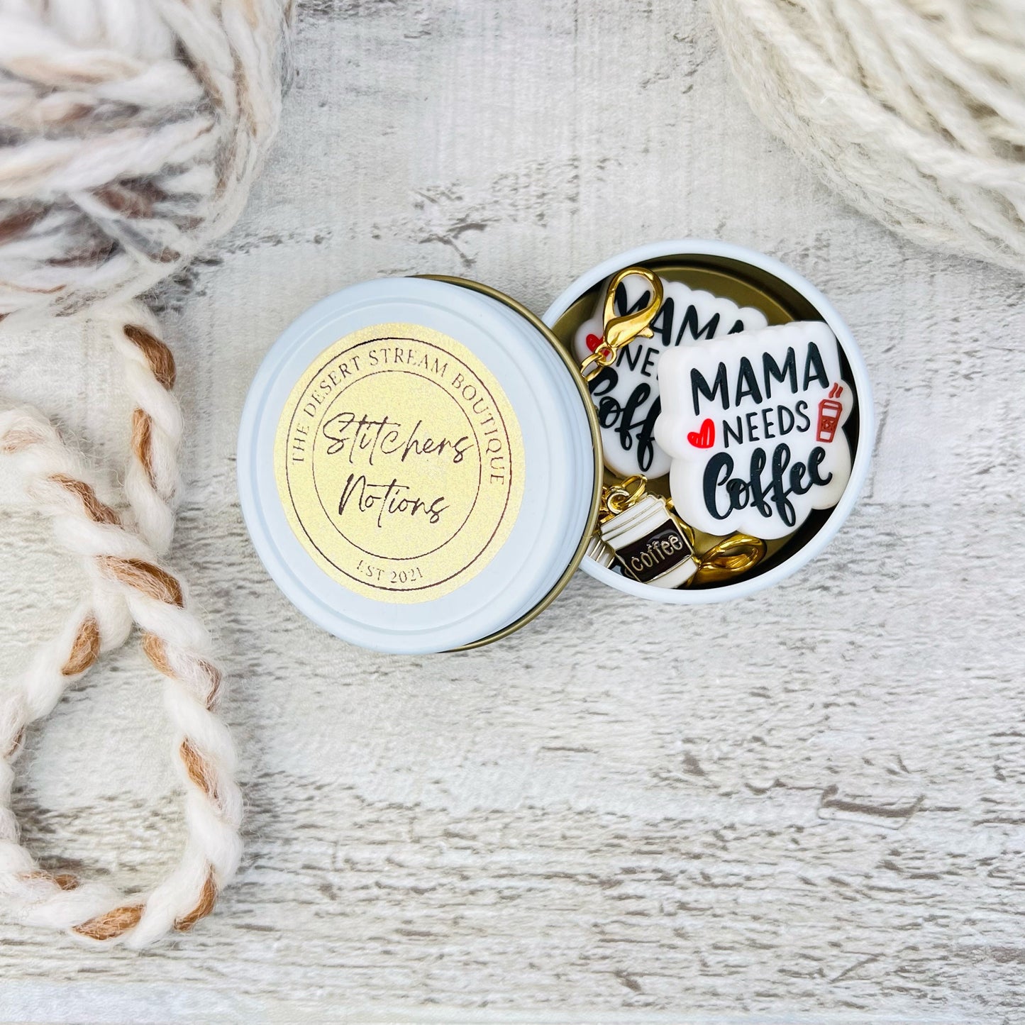 Coffee Knitting Notions Tin Set