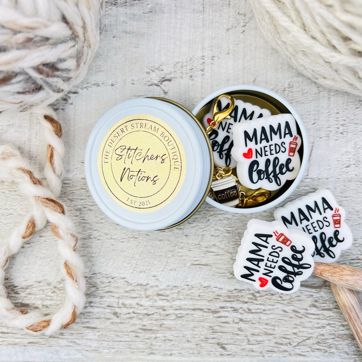 Coffee Knitting Notions Tin Set