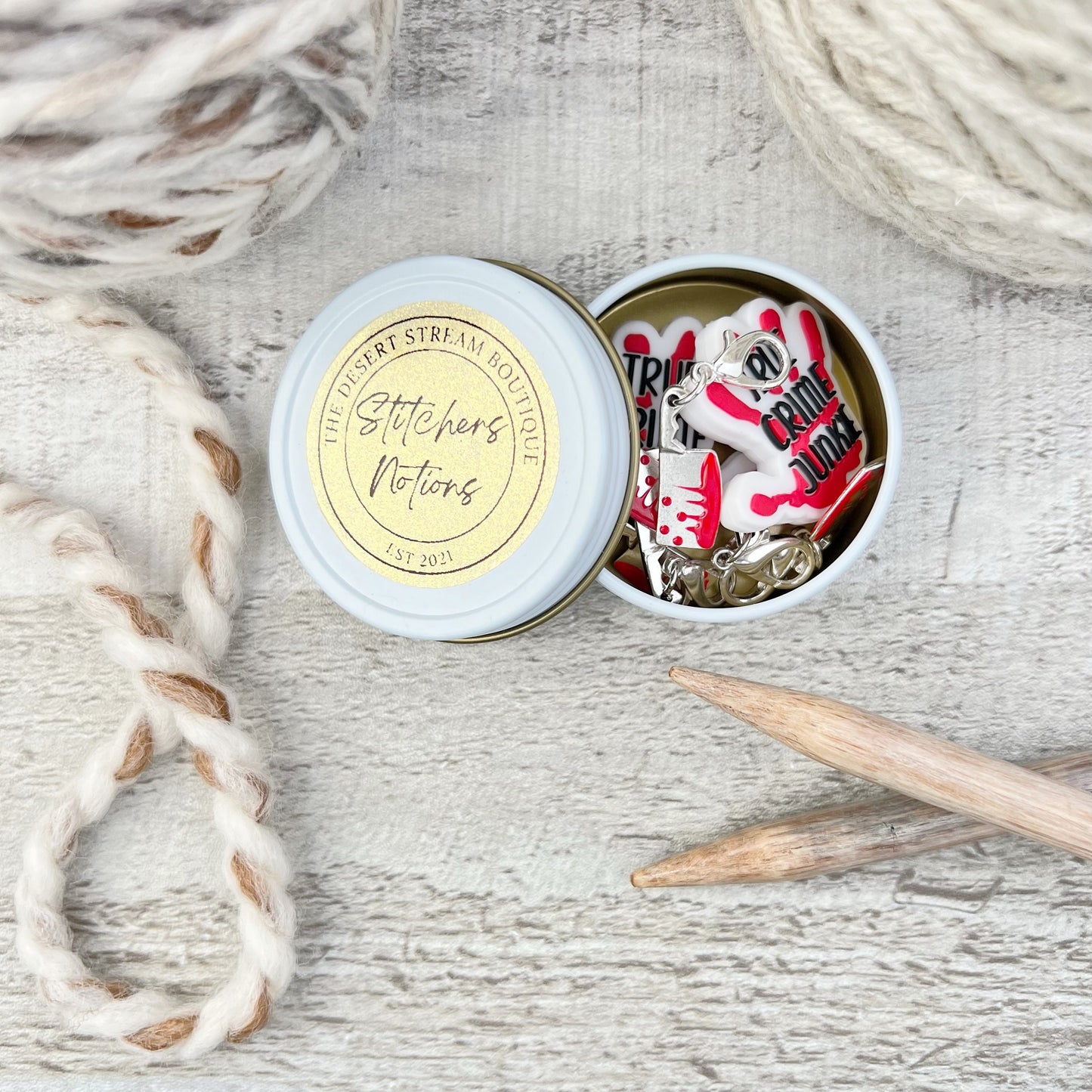 True Crime Knitting Notions Tin Set