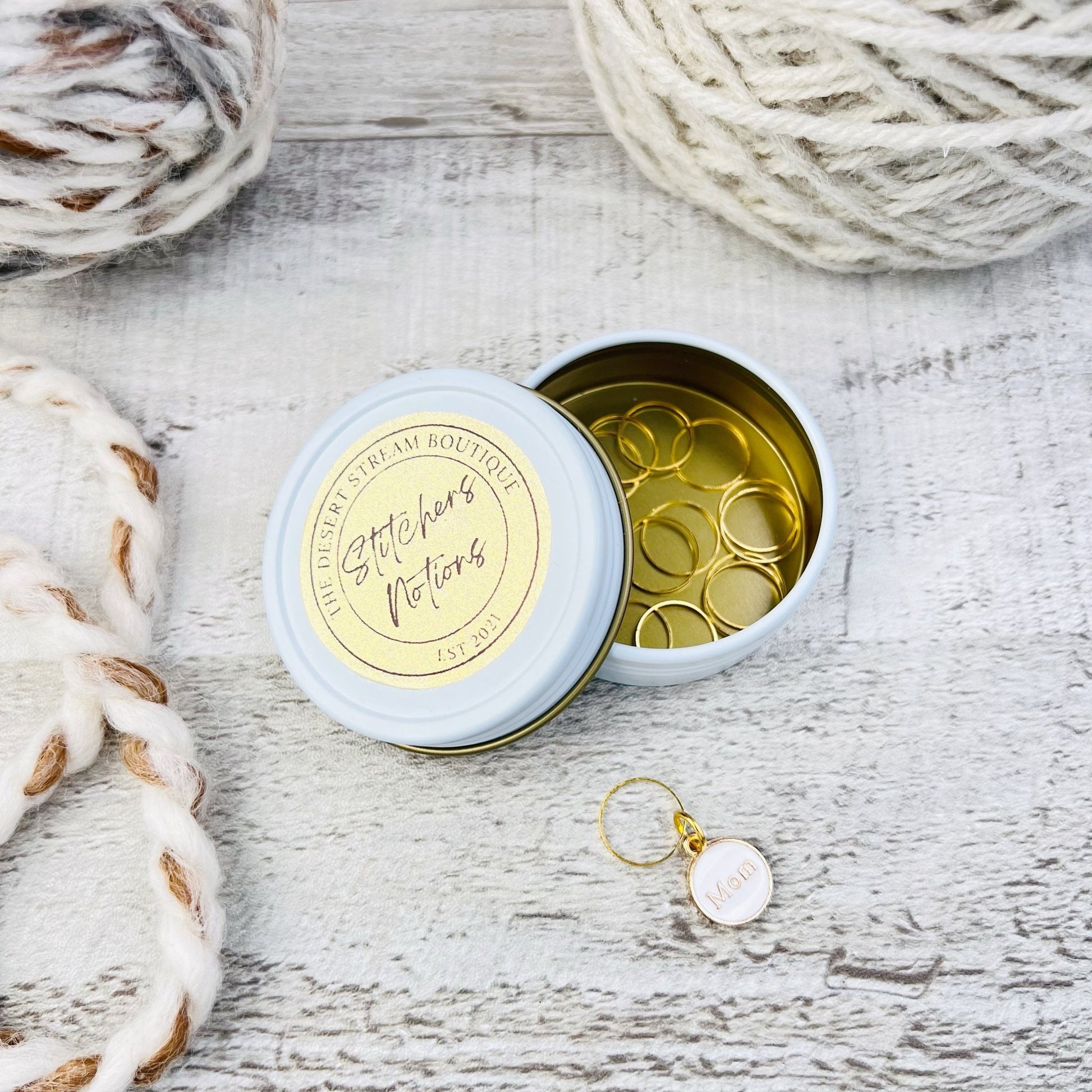 Mom Stitch Markers 13 - Piece Tin Set - Knitting - The Desert Stream Stitch