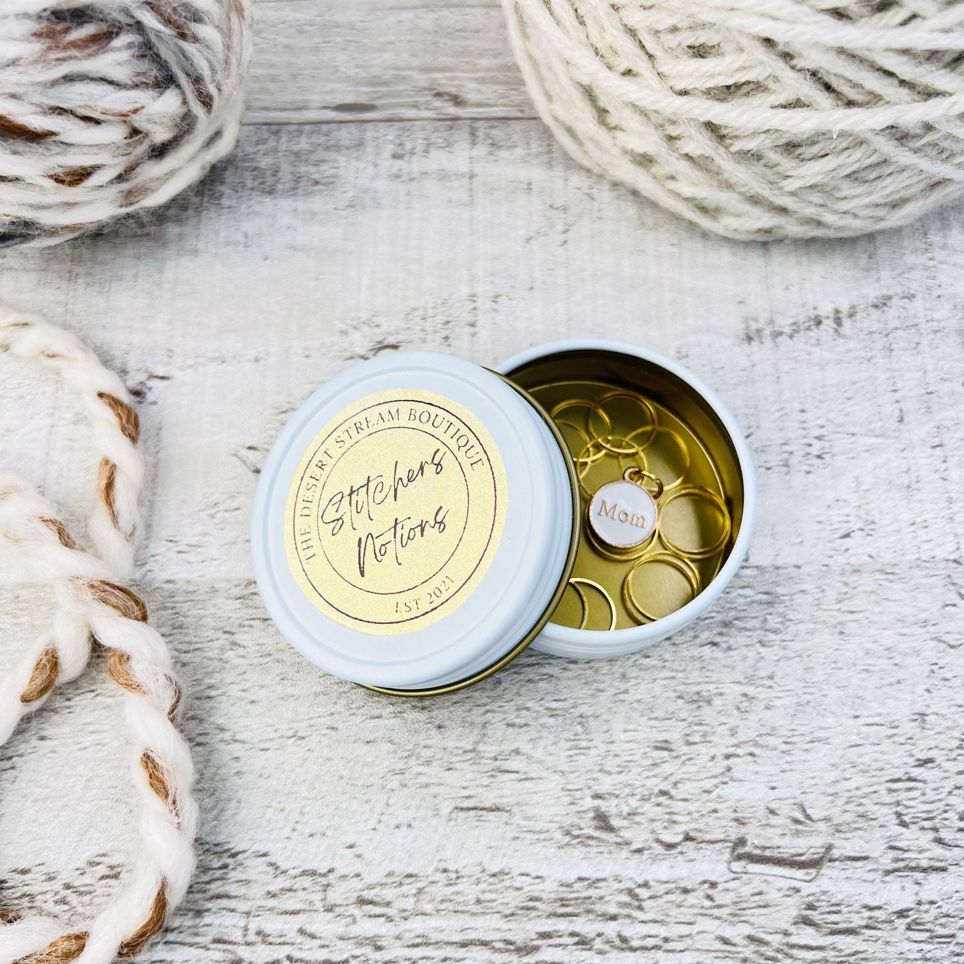 Mom Stitch Markers 13 - Piece Tin Set - Knitting - The Desert Stream Stitch