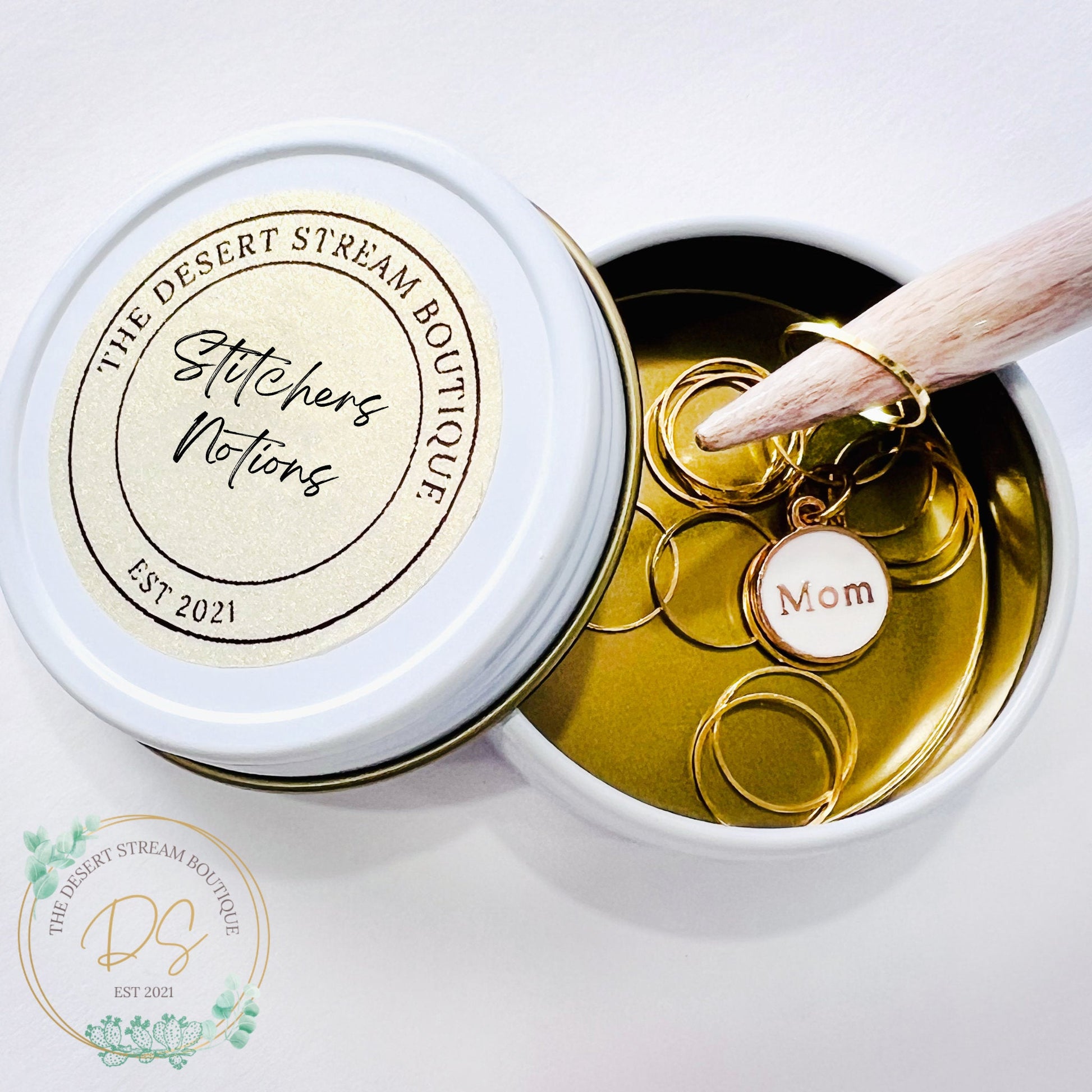 Mom Stitch Markers 13 - Piece Tin Set - Knitting - The Desert Stream Stitch