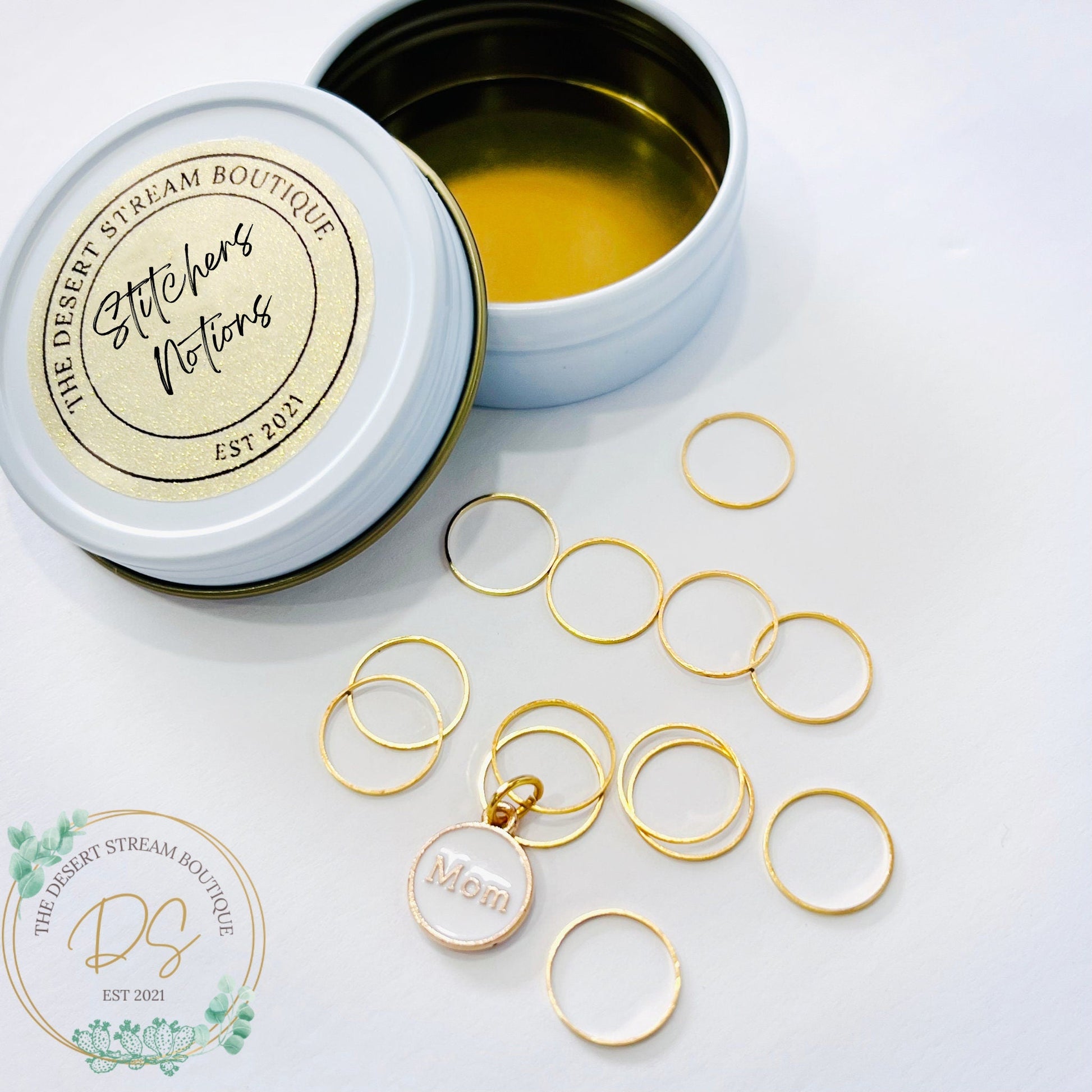 Mom Stitch Markers 13 - Piece Tin Set - Knitting - The Desert Stream Stitch