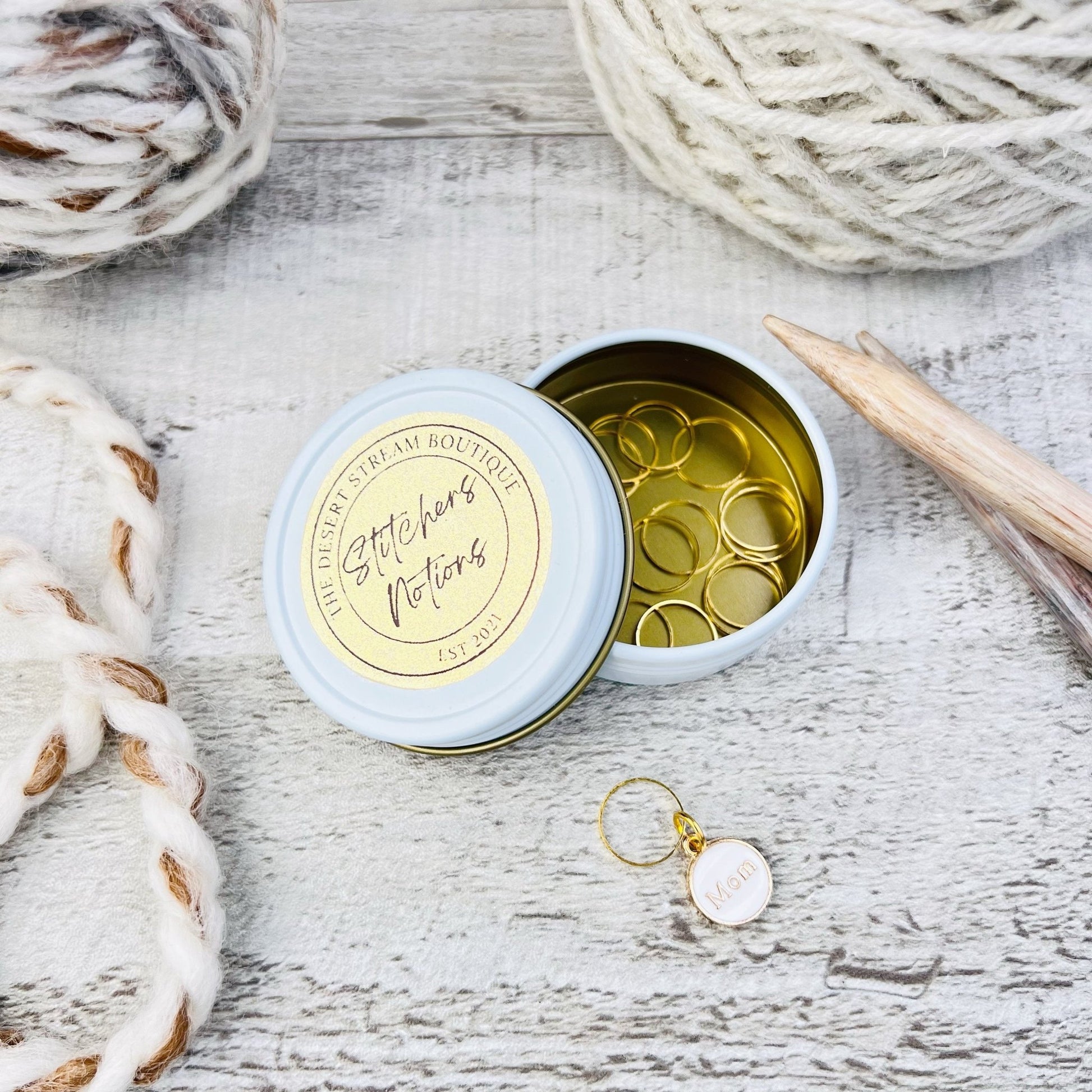 Mom Stitch Markers 13 - Piece Tin Set - Knitting - The Desert Stream Stitch